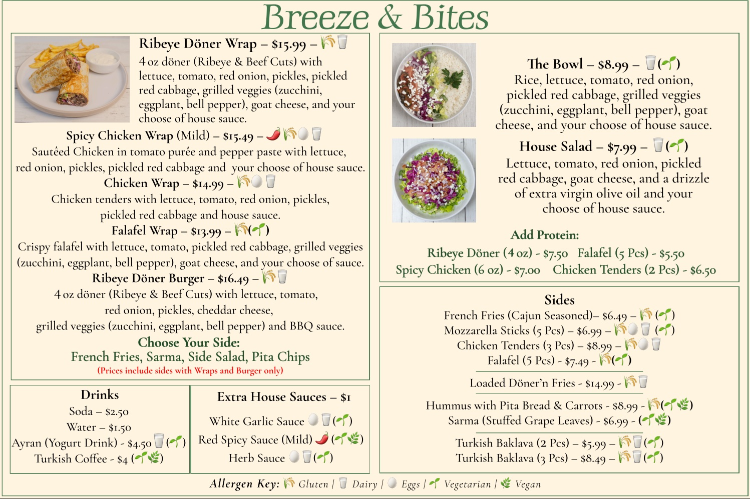 Menu with sections for Breeze & Bites, drinks, and extra house sauces, featuring dishes and prices, with decorative headers.