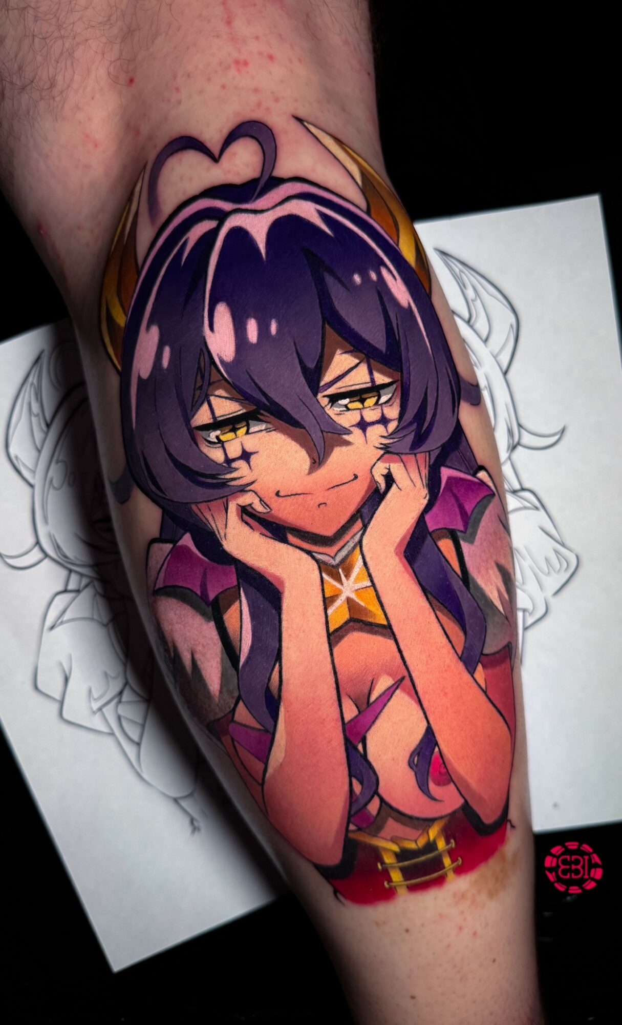 Colorful anime-style character with purple hair, yellow eyes, and a pink and purple outfit, resting chin on hands.