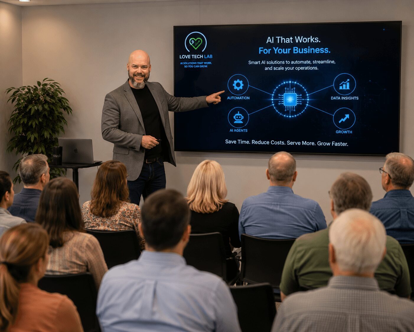 Man in gray blazer presenting to an audience with a large screen displaying a business slide, audience seated and listening.