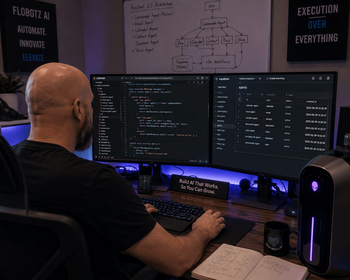Person with a bald head working at a desk with dual monitors displaying code and data, surrounded by posters and notes.