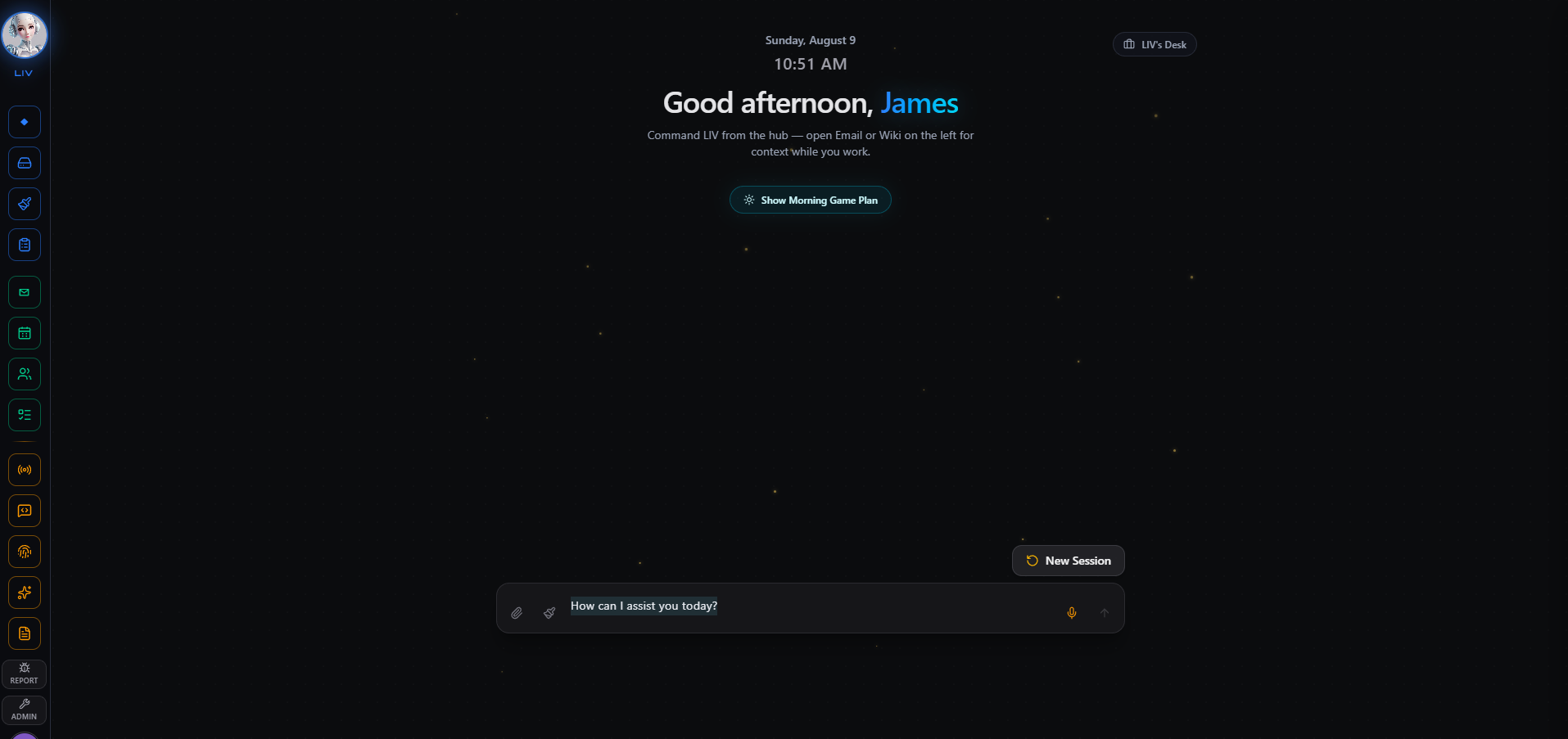 Screen showing a digital assistant greeting with a starry night background, text reading 'Good afternoon, James,' and a search bar.