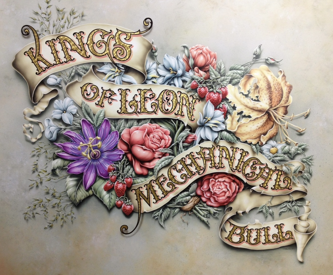 Decorative floral design with banners reading 'Kings of Leisure Nightlife Bull' and various flowers, including roses and purple blooms.