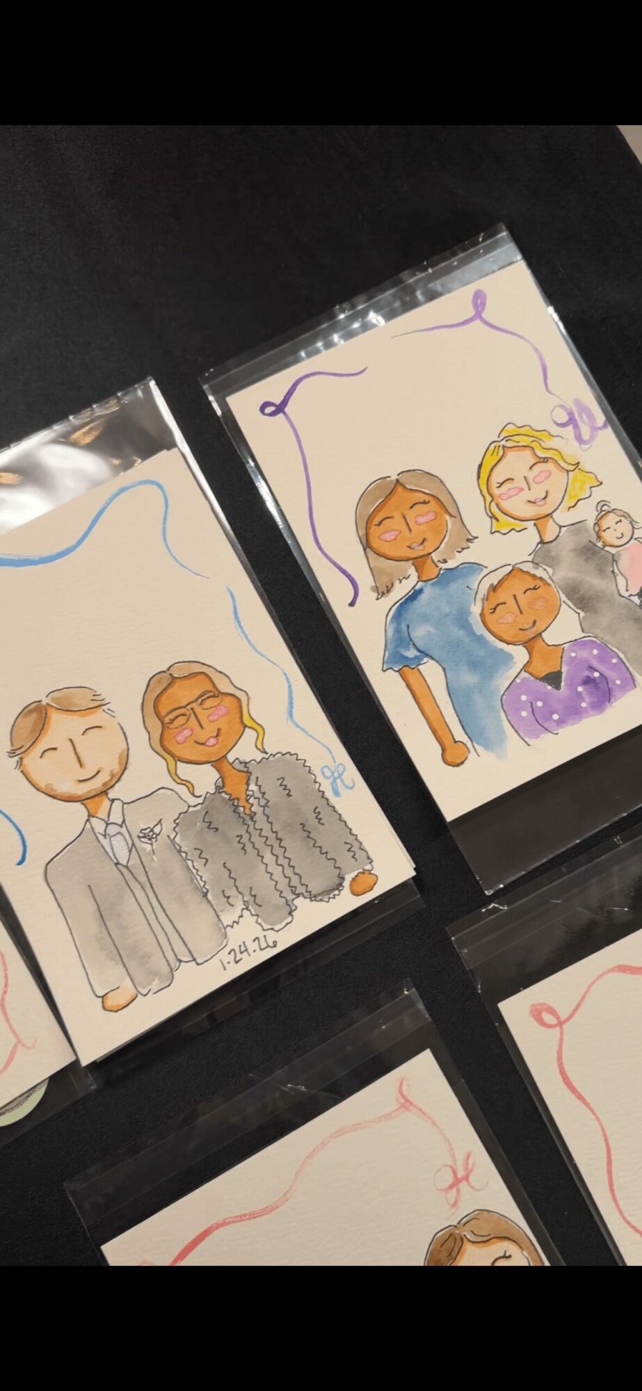 Two illustrated cards with people, one showing two men in suits, the other showing three women in dresses, colorful drawings.