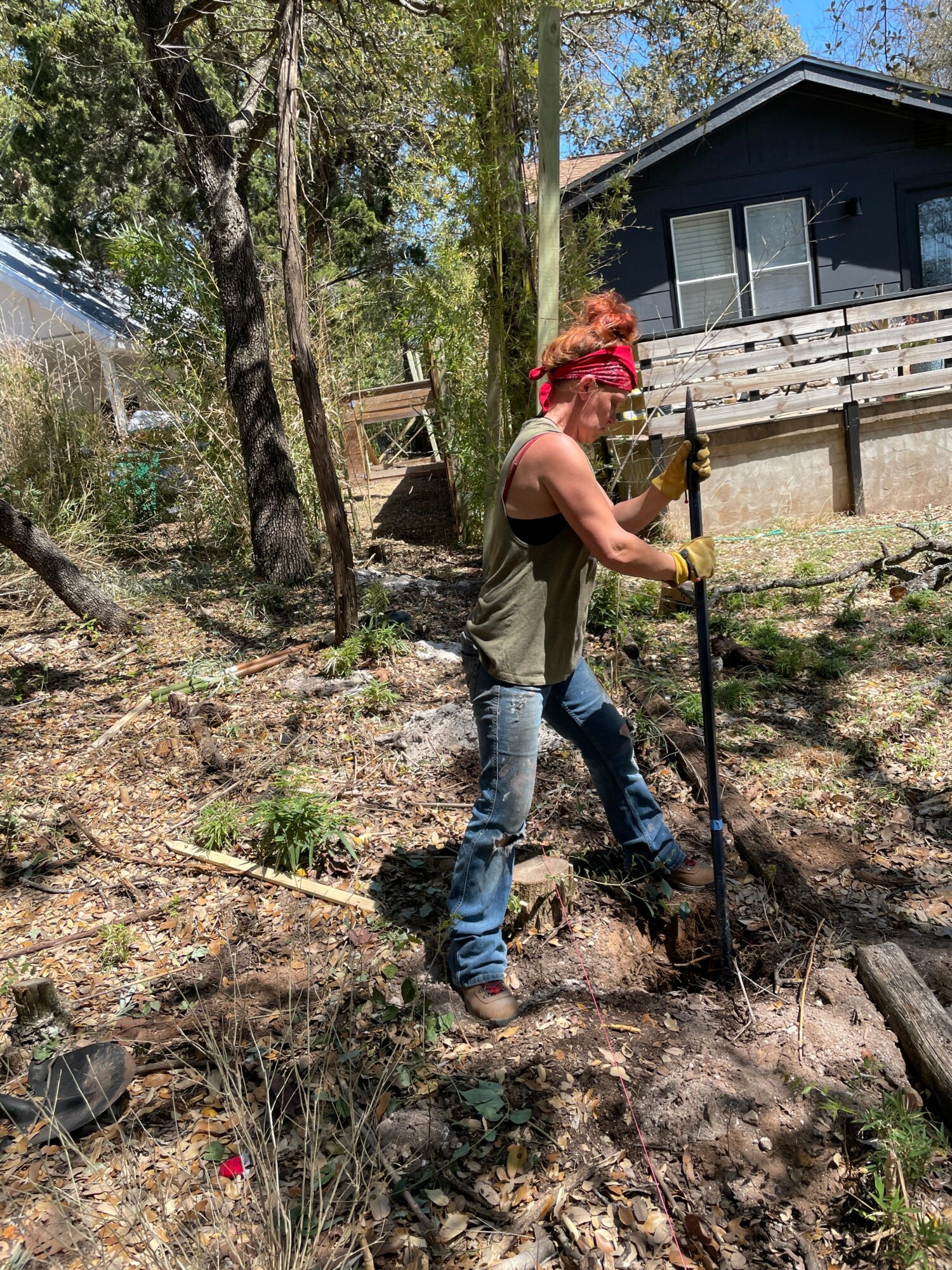 Person planting a tree outdoors near a house, wearing a red bandana, sleeveless shirt, and jeans, holding a shovel.