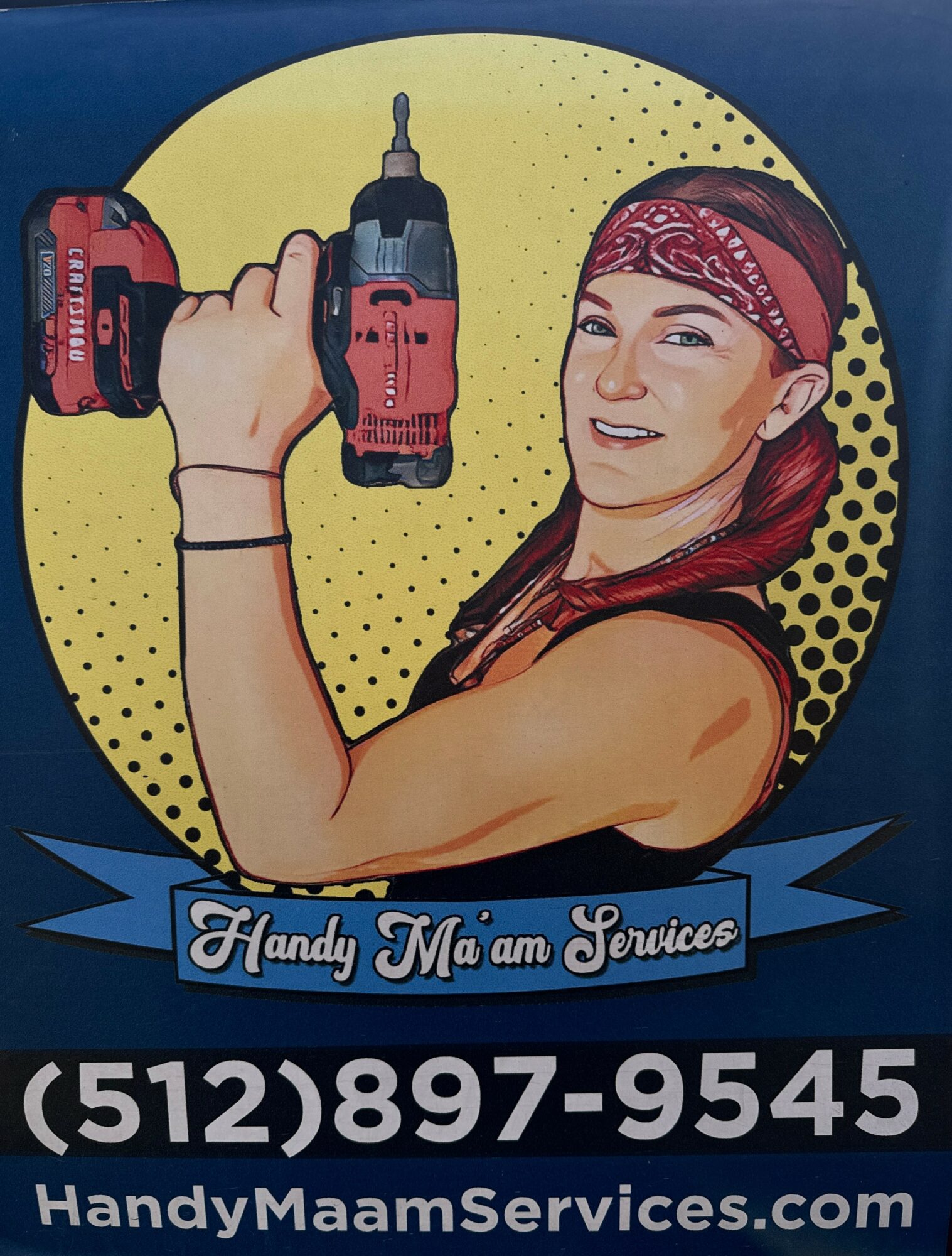 Woman with red hair and bandana holding a power drill, smiling, with a yellow dotted background and blue banner. 20 words.