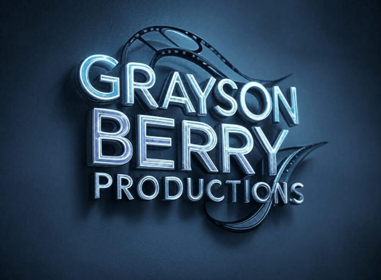 Neon sign displays 'GRAYSON BERRY PRODUCTIONS' with a film reel and film strip above and below the text.