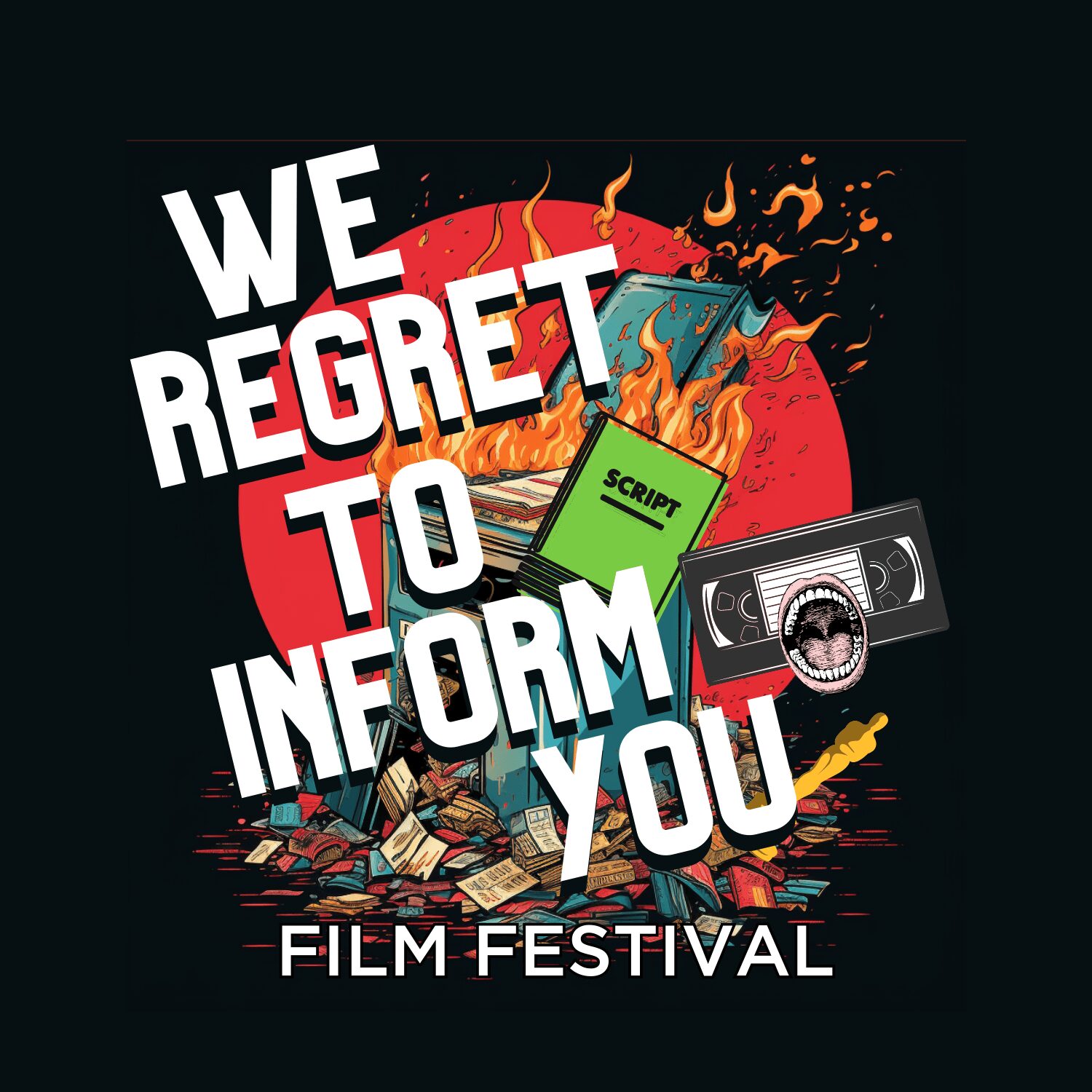 Poster with text 'We regret to inform you' and images of a burning globe, cassette tape, and film reel, promoting a film festival.