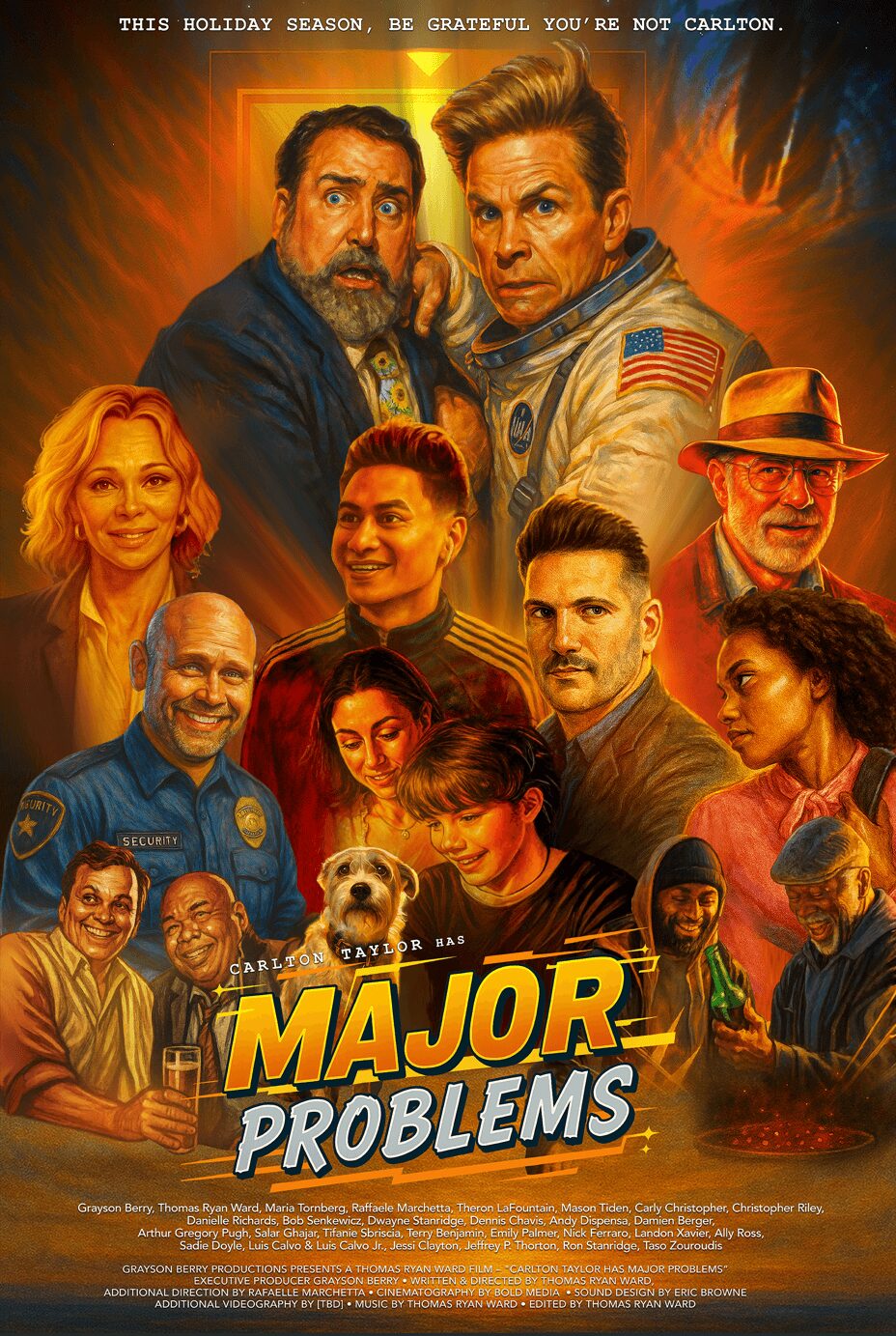 Group of diverse characters, including a dog, in front of a fiery background, with the title 'Major Problems'.