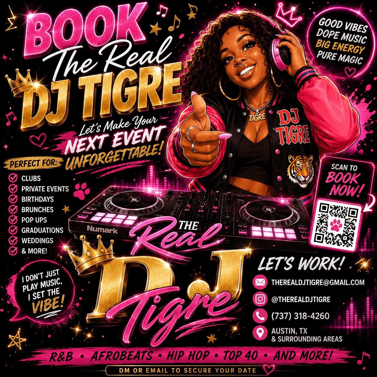 Promotional flyer for DJ Tigre featuring a woman with headphones, colorful text, and a DJ setup, advertising music events and bookings.