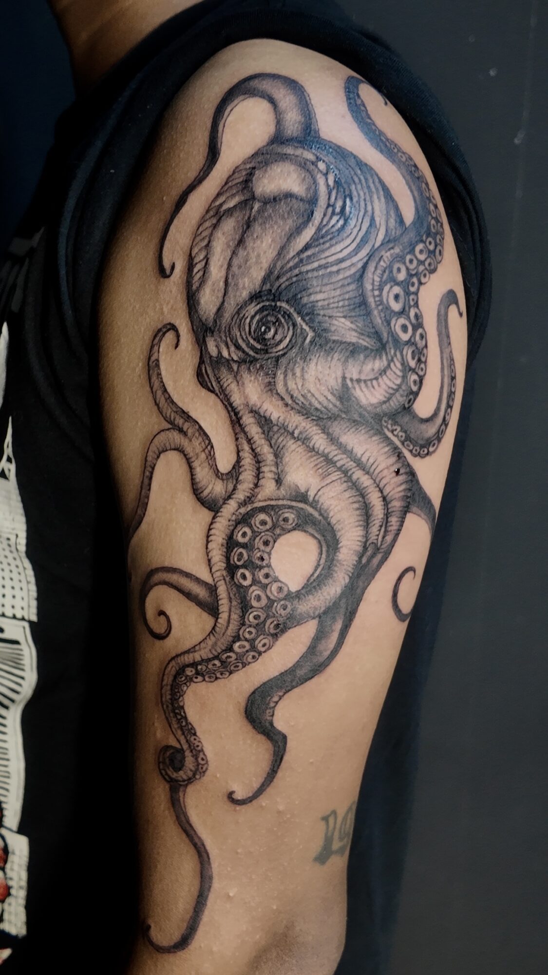 Black and gray octopus tattoo on person's upper arm with detailed tentacles and shading.