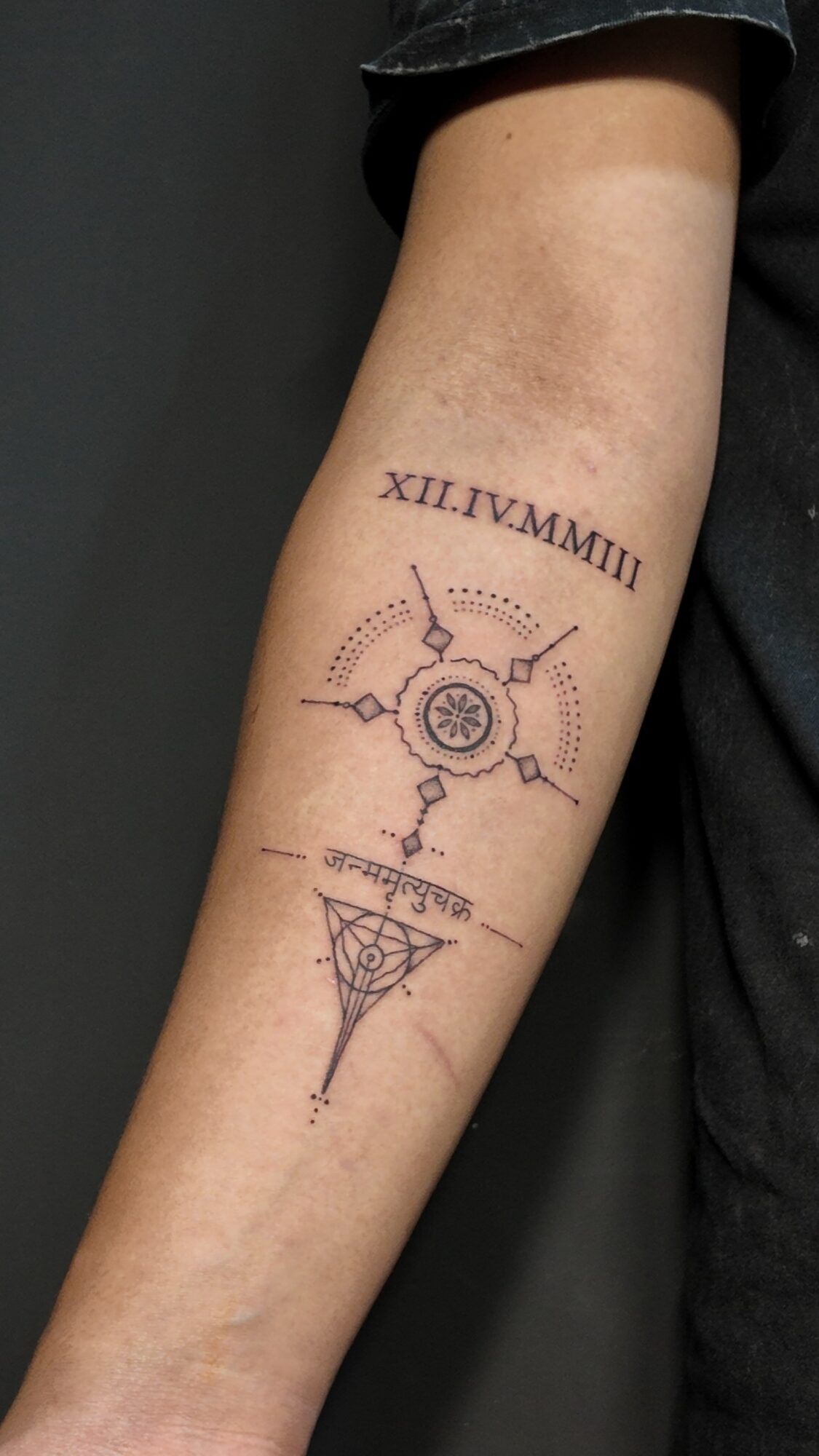 Tattoo of a compass, Roman numerals, and a geometric design on person's forearm.