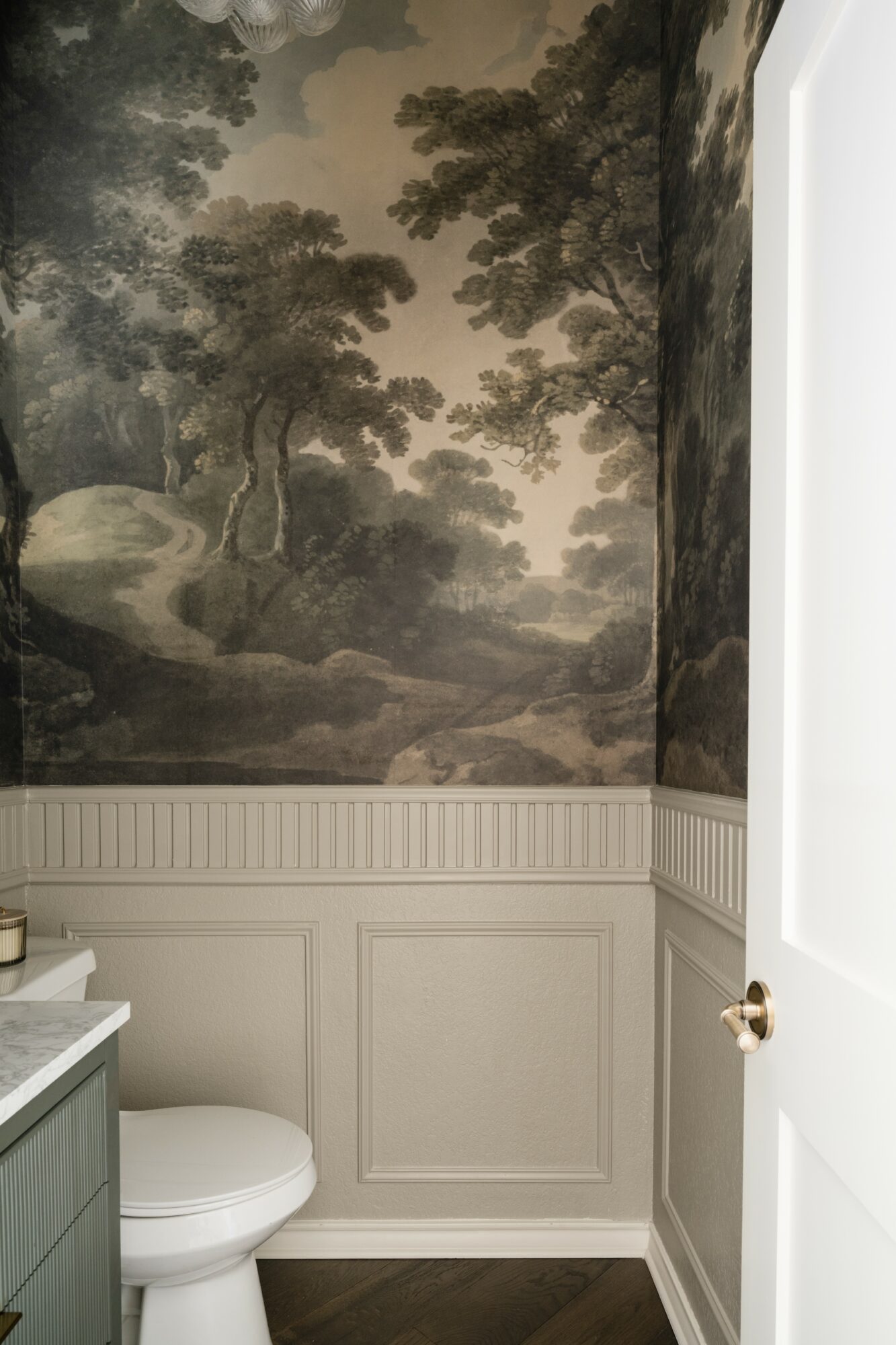Bathroom wall with landscape mural of trees and sky, white wainscoting, and a partially open door.