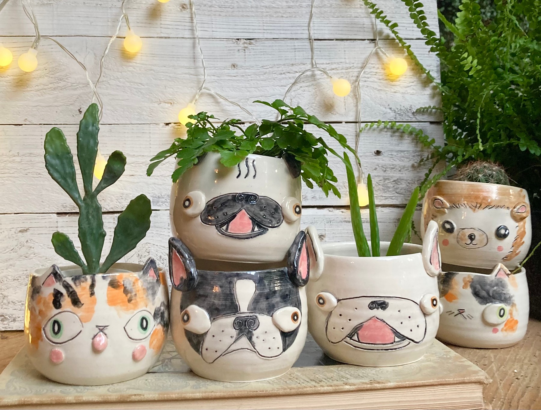 Six decorative plant pots with faces and animals, arranged on a wooden surface with string lights and greenery in background.