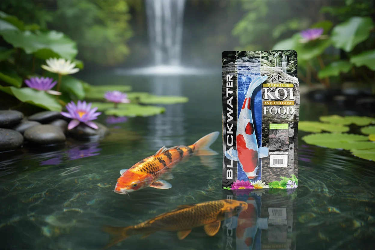 Koi fish swimming near a box of koi food in a pond with water lilies and a waterfall in the background.
