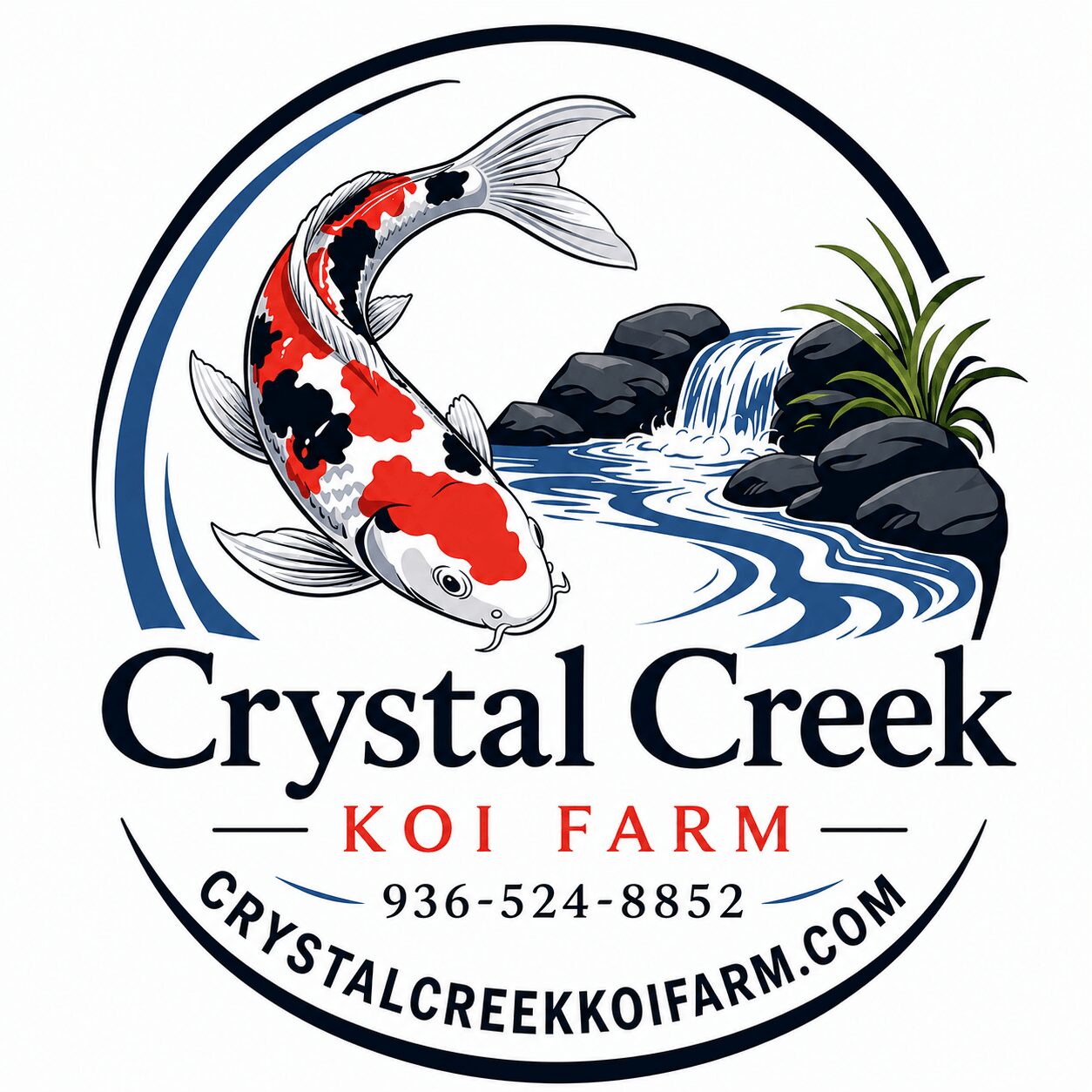 Koi fish swimming near rocks and water with plants, logo for Crystal Creek Koi Farm, contact number, and website.