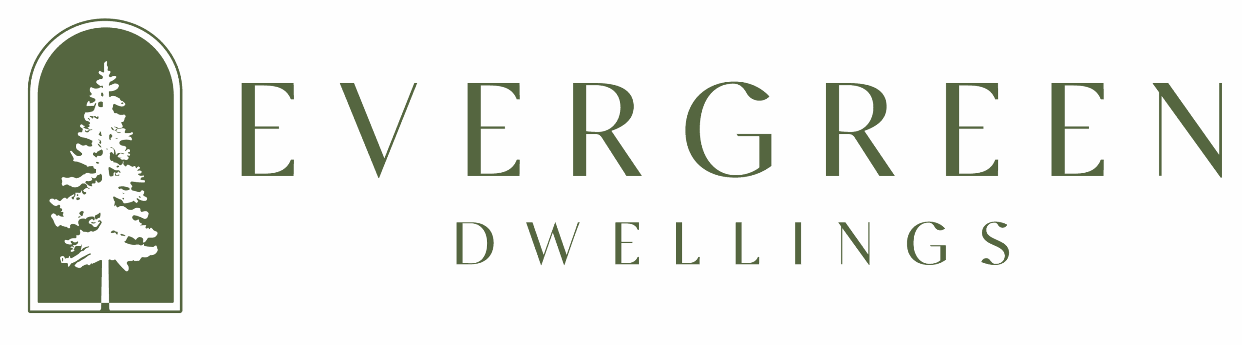 Logo with a tree icon and text reading 'Evergreen Dwellings'.
