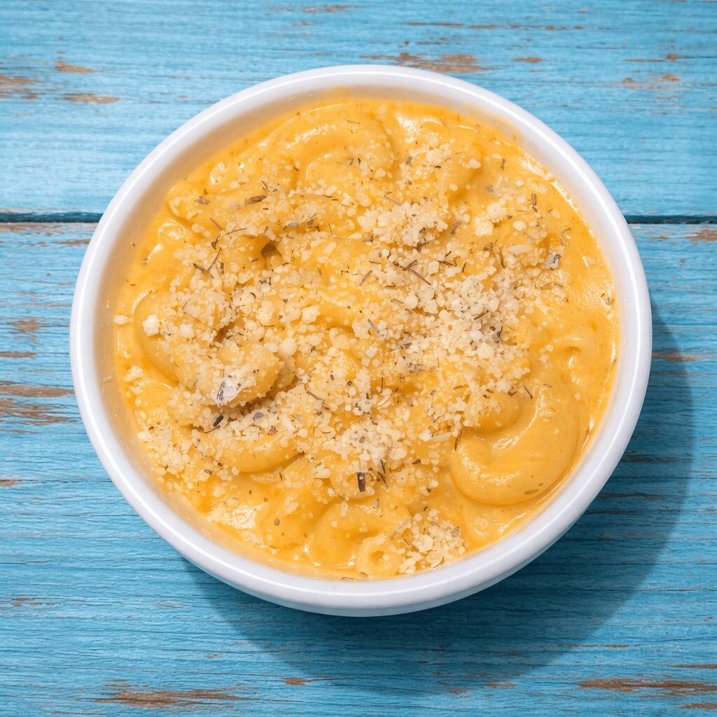 Bowl of macaroni and cheese topped with grated cheese on a blue wooden surface.