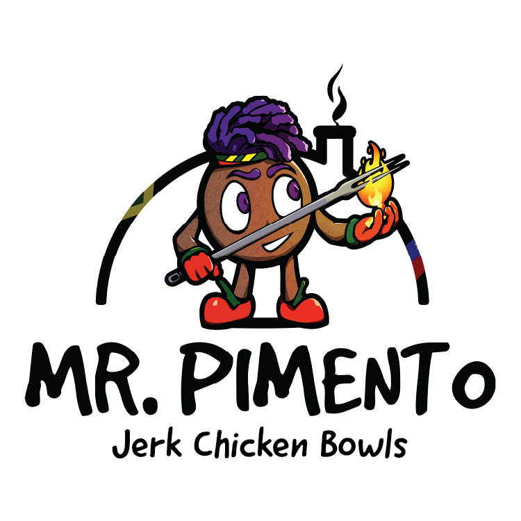 Cartoon character with purple hair, holding a lit match, wearing red shoes and gloves, with text 'MR. PIMENTO Jerk Chicken Bowls'.