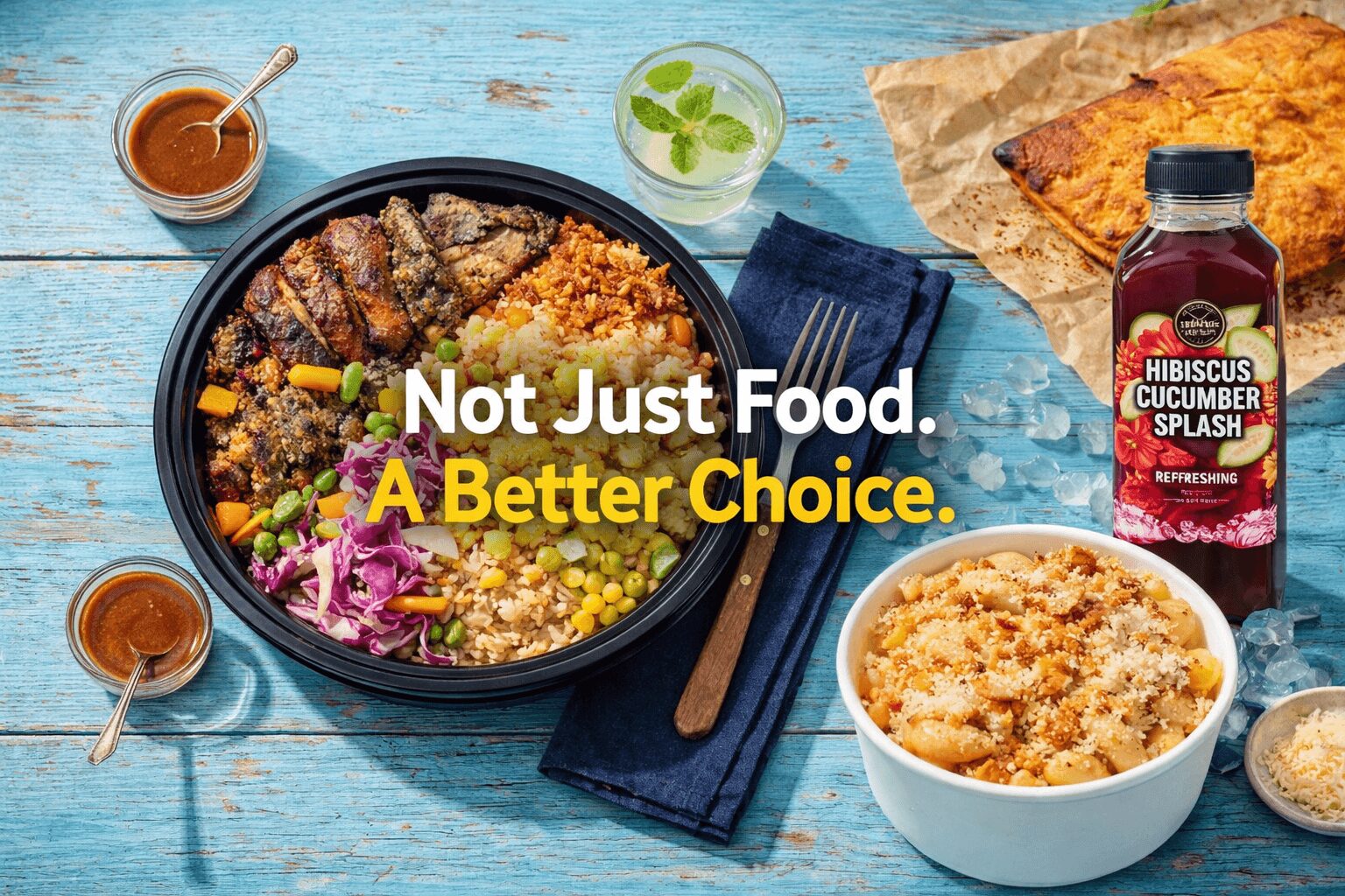 A bowl of rice, vegetables, and meat with a spoon, a small bowl of soup, a drink, and a bottle of hibiscus cucumber splash on a blue background.