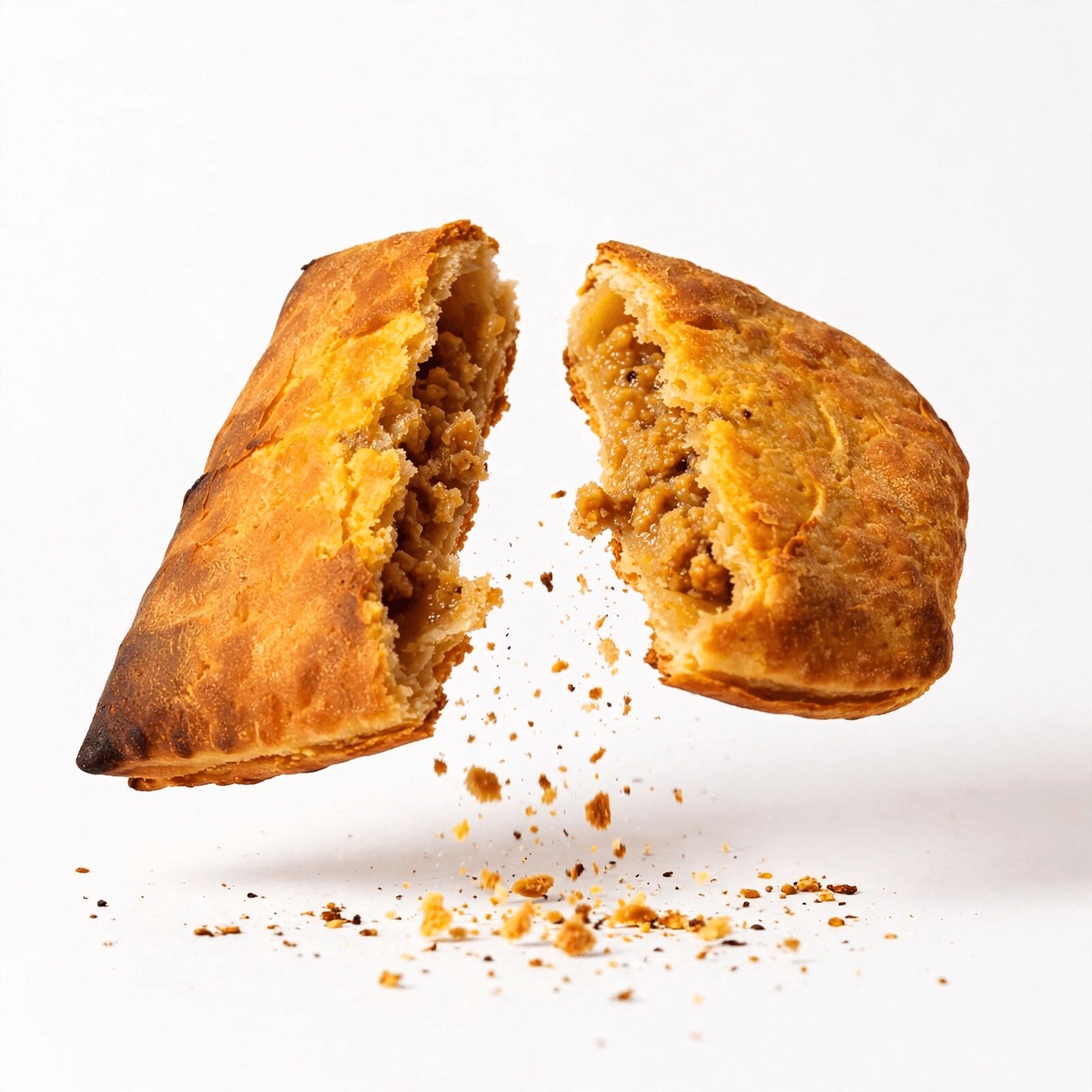 Broken pastry with crumbs on white background, showing filling inside, no people or text visible.