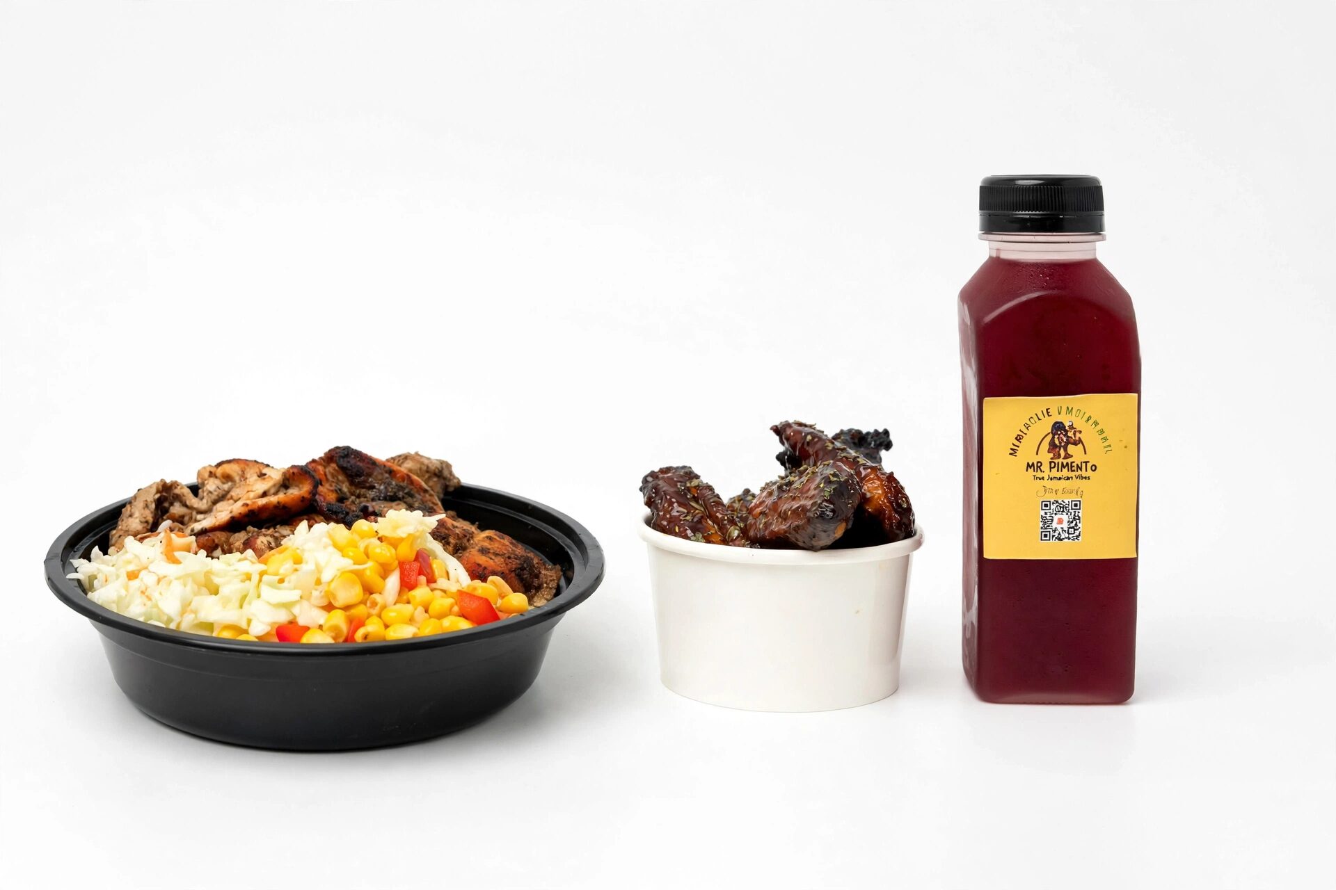 Bowl of rice with meat, small bowl of meat pieces, bottle of sauce on white background.