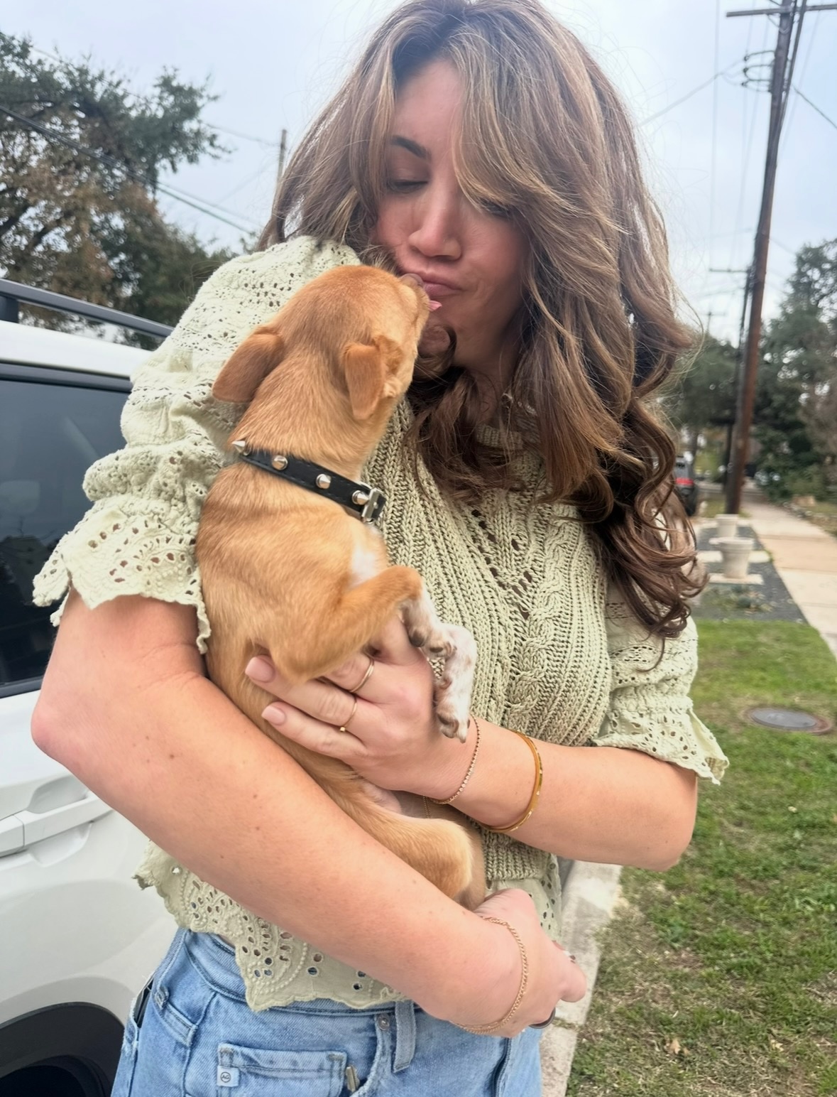 Woman holding a small dog outdoors, woman has wavy hair and wears a light-colored sweater, dog wears a collar.