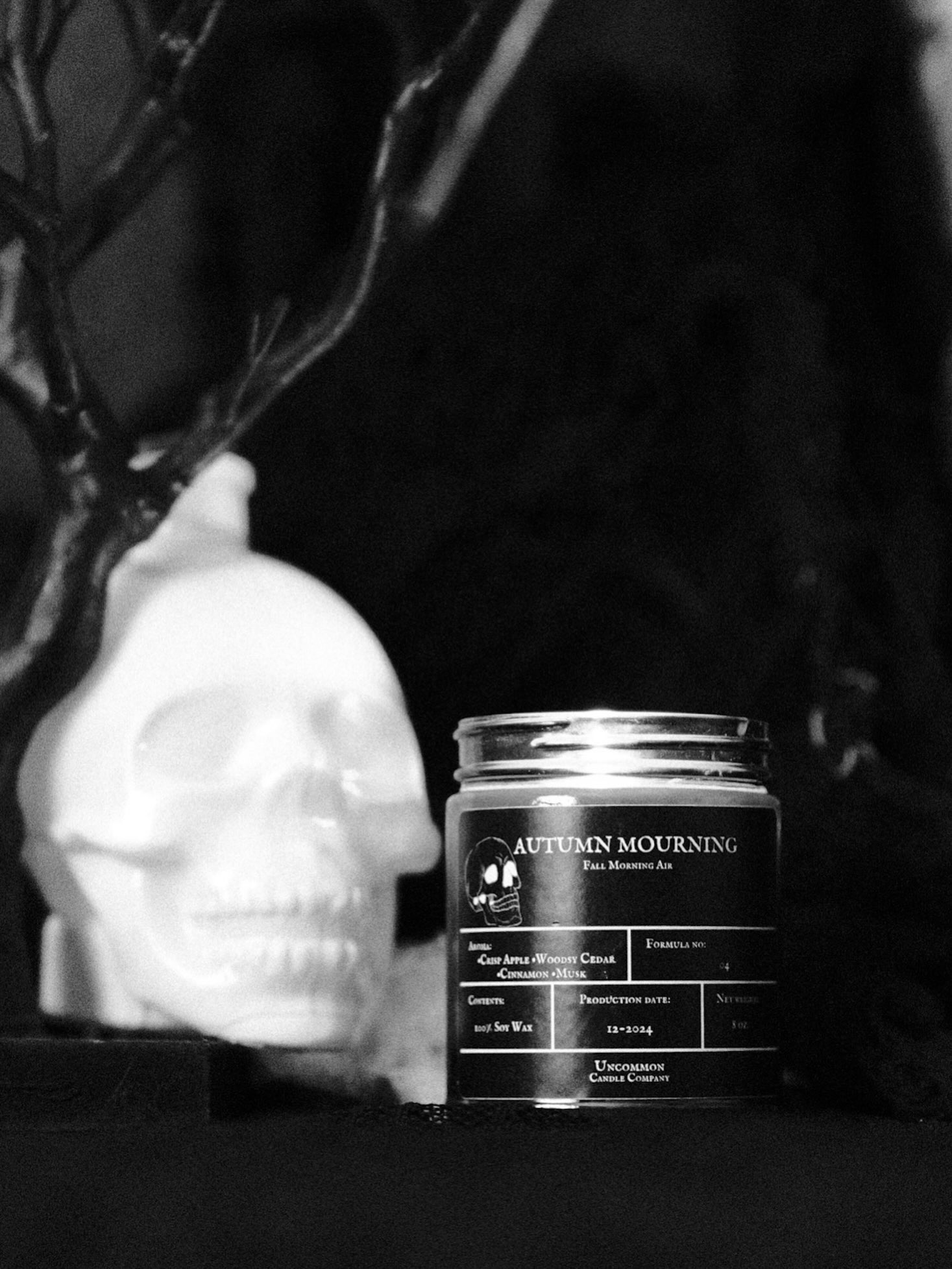 A white skull sculpture and a black container with white text on a dark surface.
