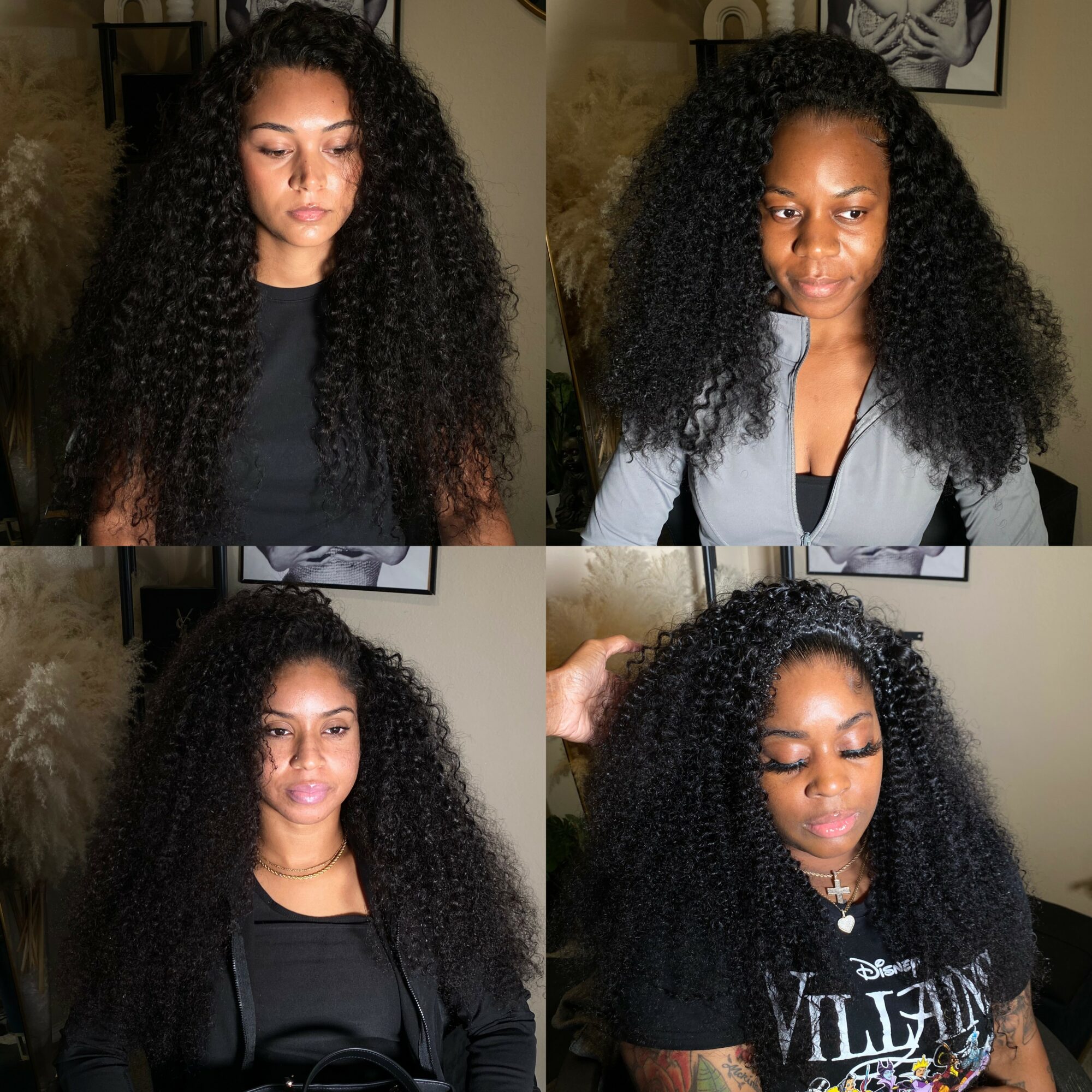 Four women with curly hair in different poses and outfits indoors, some looking at the camera, one with eyes closed.