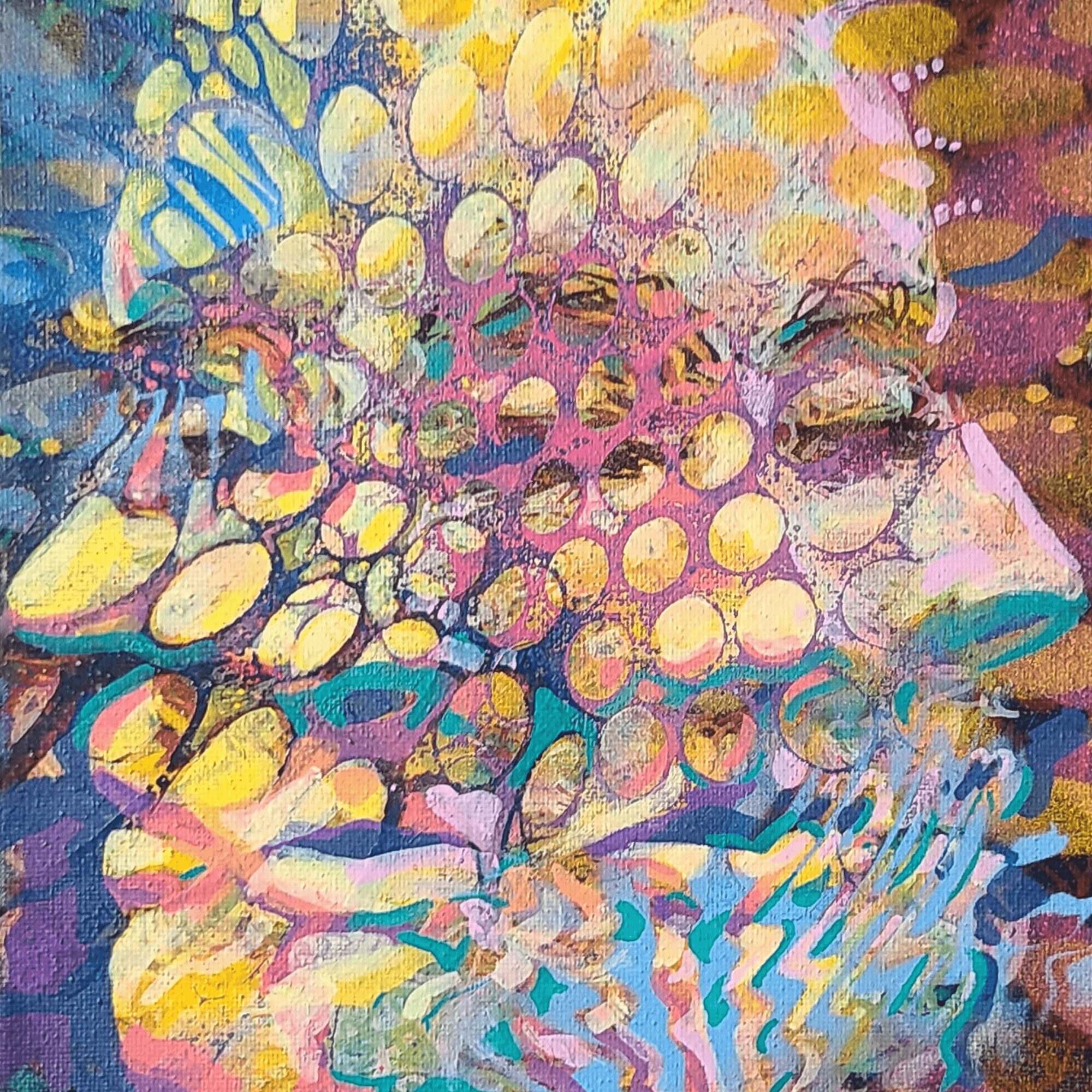 Abstract colorful painting of a woman's face with vibrant dots and brushstrokes.