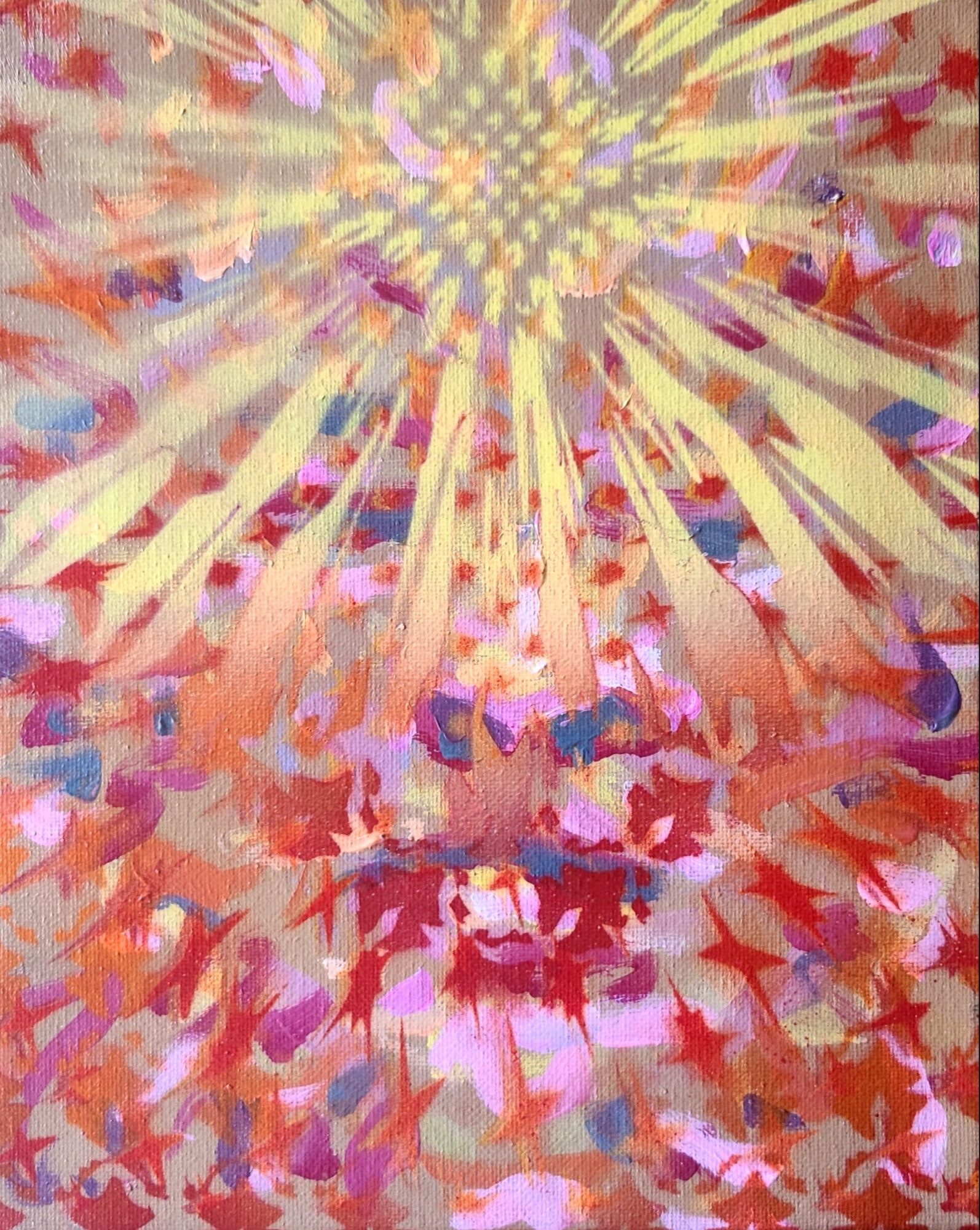 Bright, colorful abstract pattern with radiating lines and floral shapes, resembling a vibrant explosion of colors.