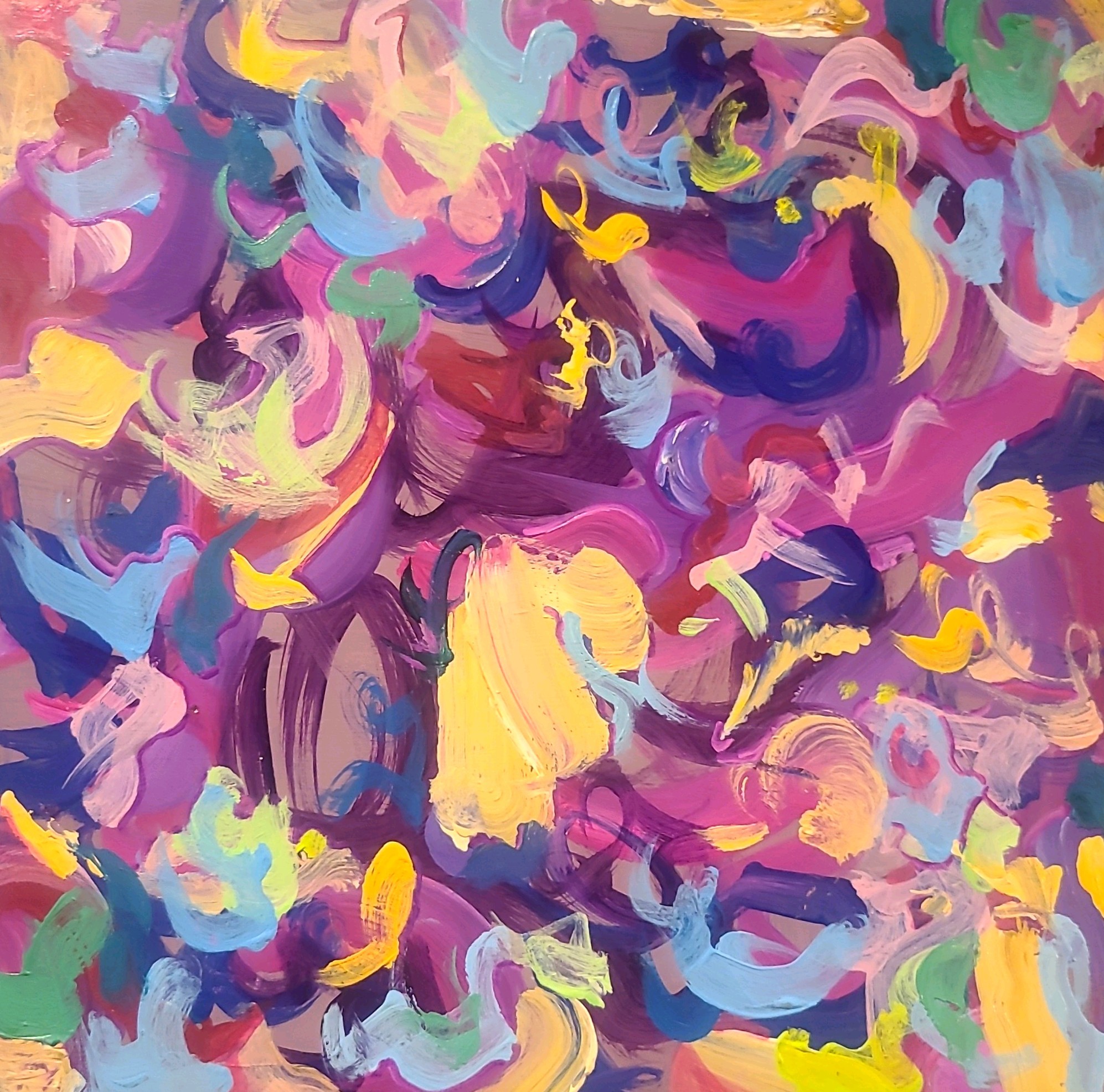 Abstract colorful painting with swirling brushstrokes in pink, purple, yellow, blue, and green hues.