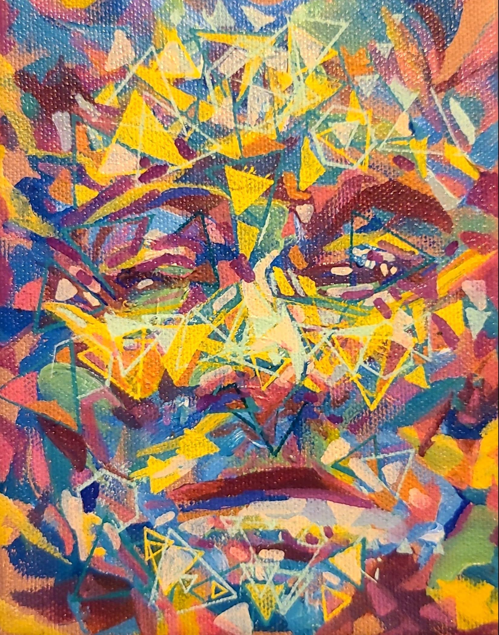 Abstract colorful face with geometric shapes and patterns, eyes, nose, and lips visible, vibrant and expressive artwork.