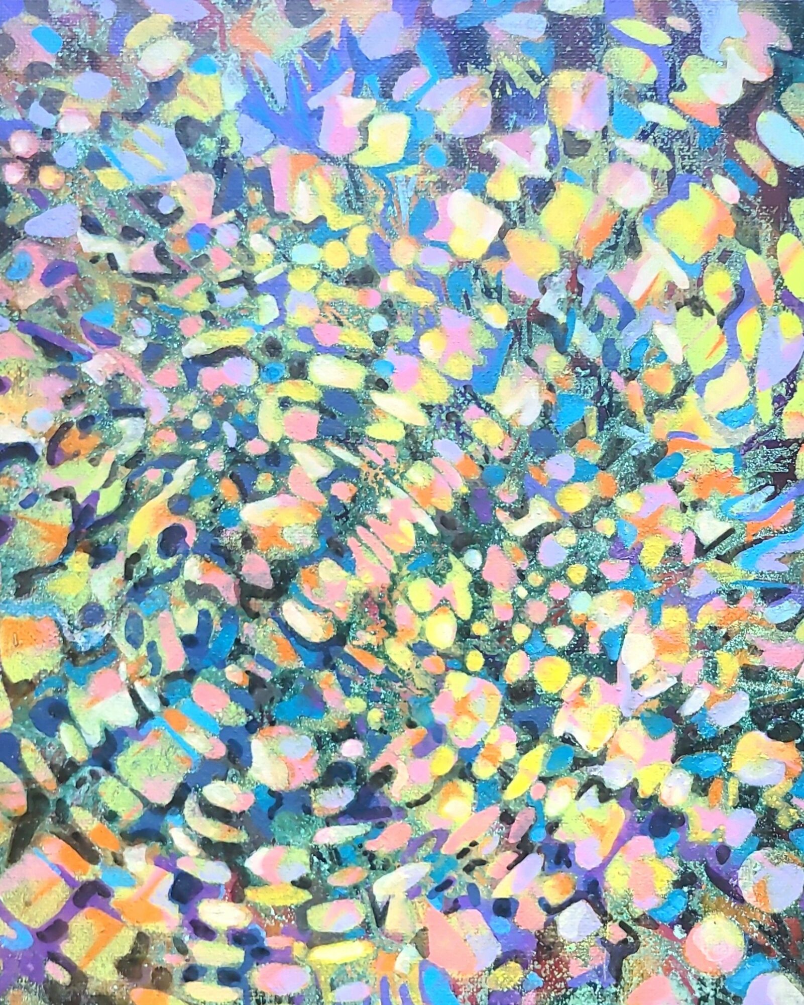 Colorful abstract pattern with swirling shapes and dots in pastel and bright colors.