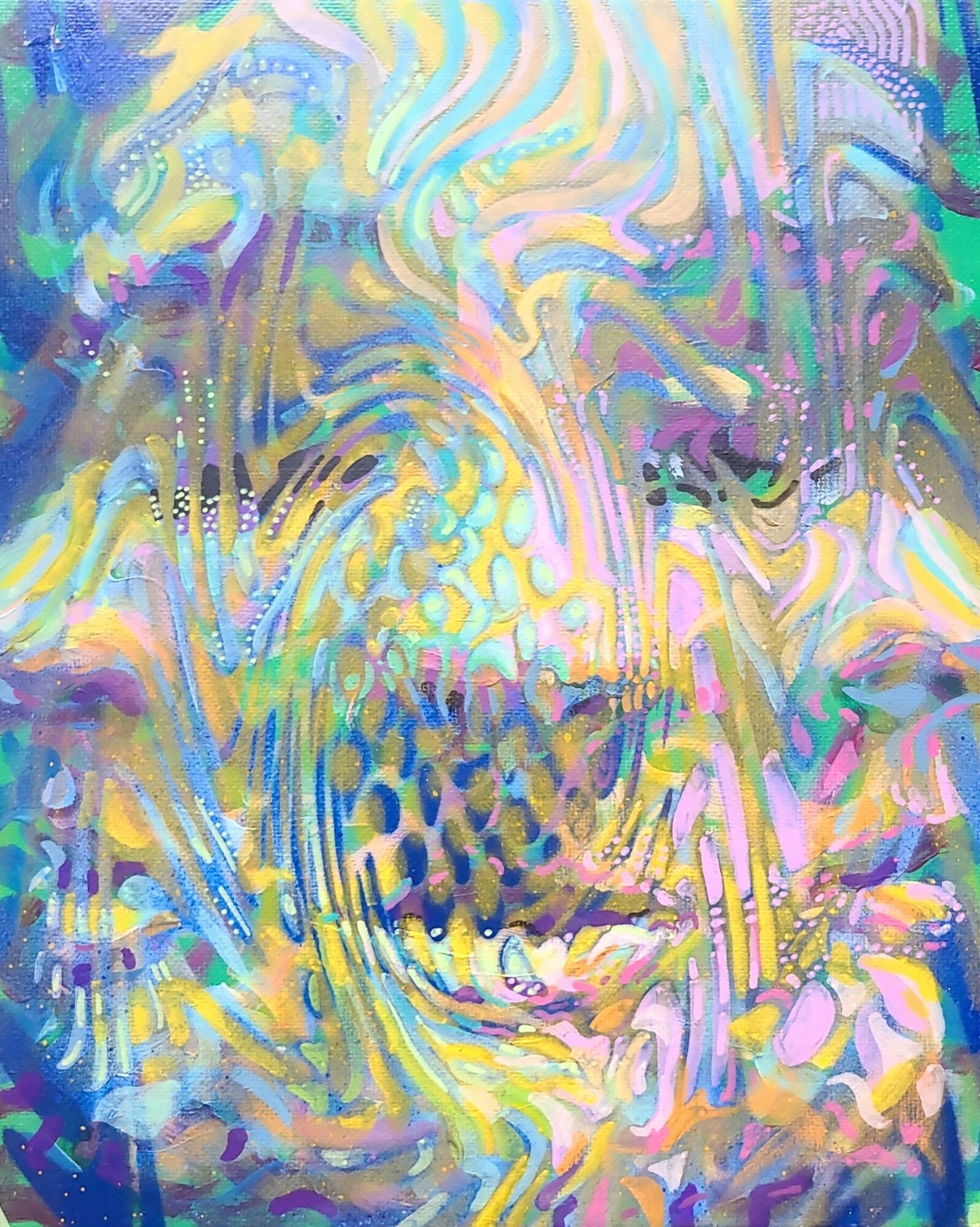 Abstract colorful swirling patterns with hints of faces and eyes, creating a vibrant, complex composition.