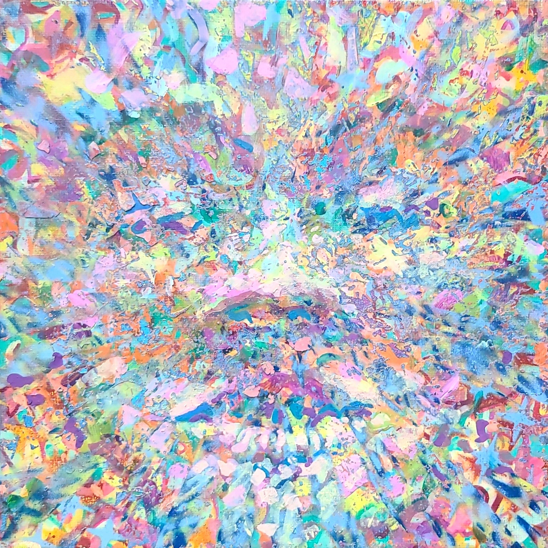 Abstract colorful explosion of pastel shades with textured brushstrokes and vibrant hues.