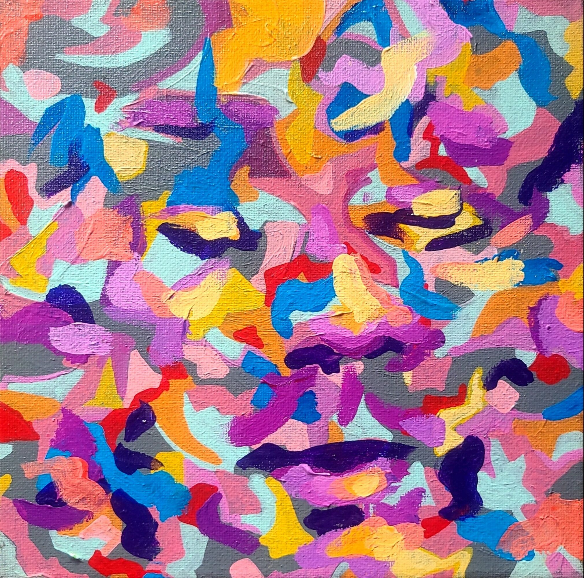 Abstract colorful portrait of a face with closed eyes and lips, composed of vibrant brushstrokes.