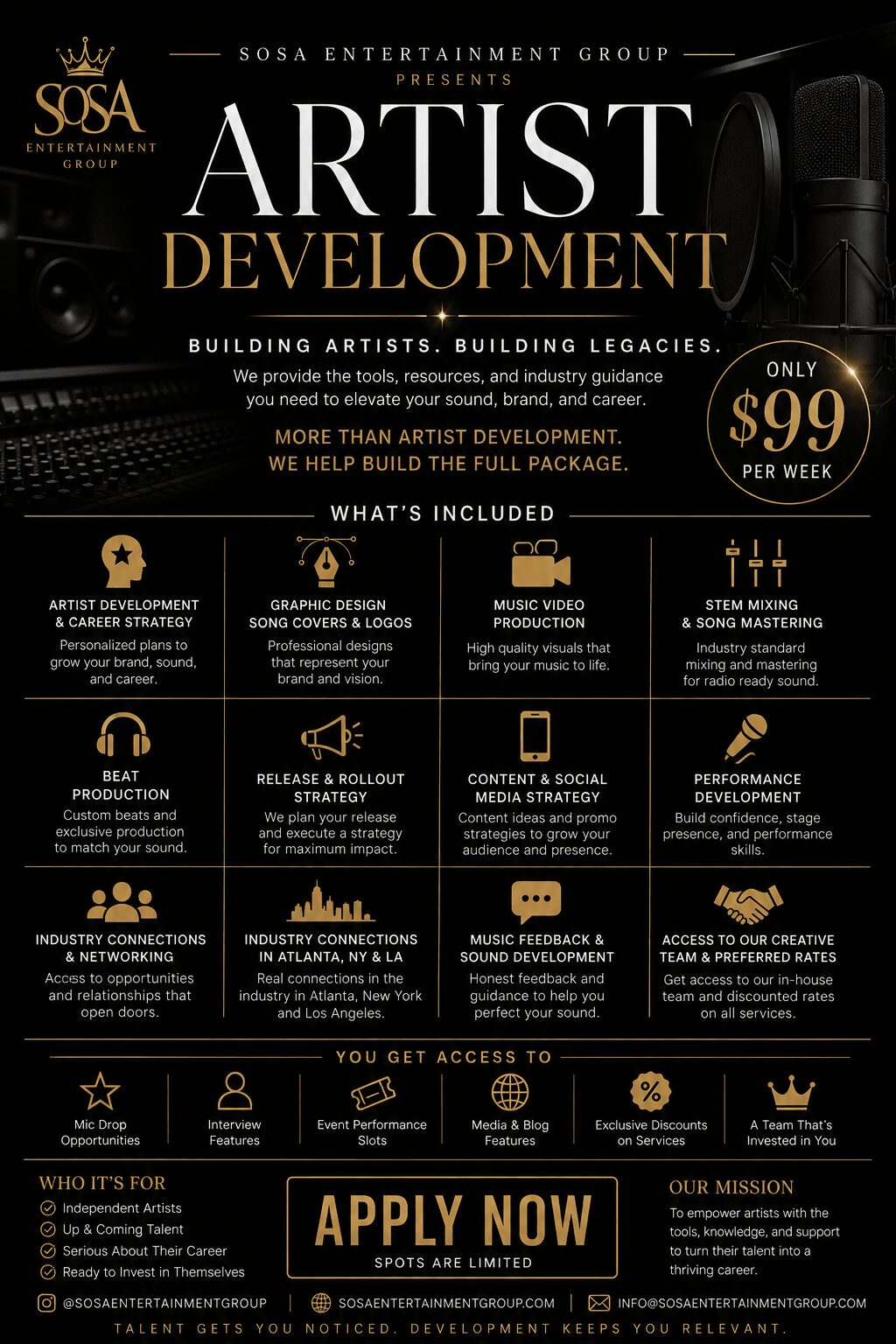 Poster for artist development program with text, logos, and icons, promoting building artist careers and application details.