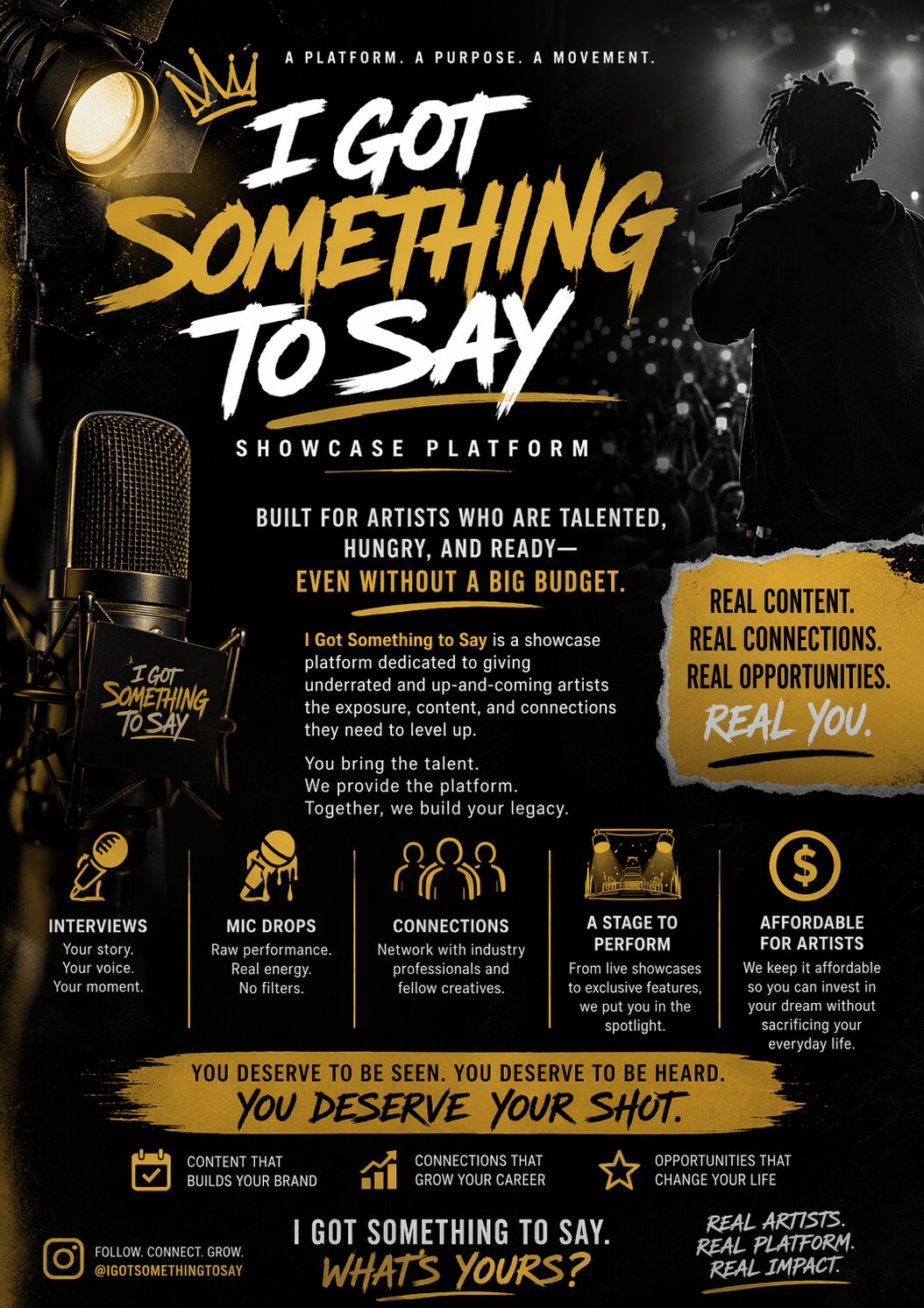 Poster with text about a showcase platform for talented artists, featuring a person with curly hair and glasses, microphone, and various icons.