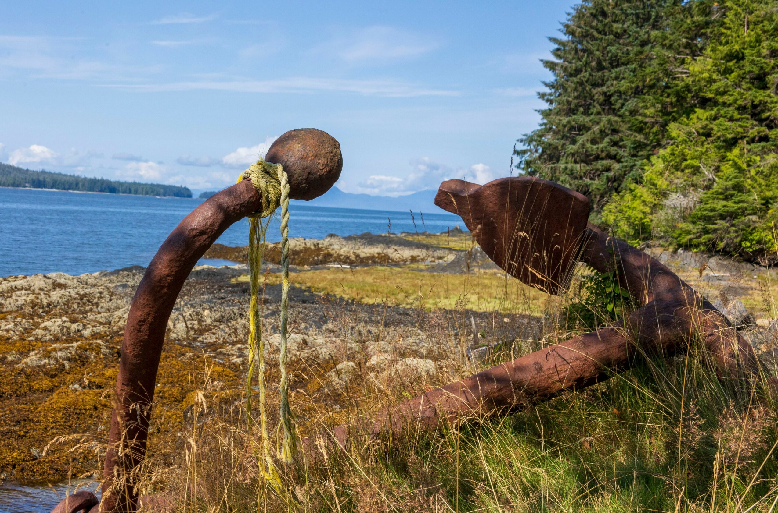 Rusty metal sculpture resembling a person lying on grass near water, with trees and sky in background.