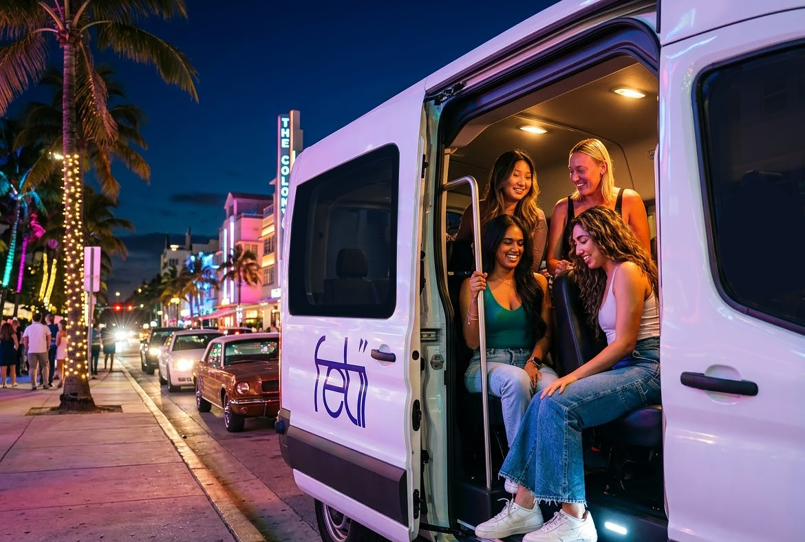 Four women sitting inside a van parked on a lively city street at night, with colorful lights and palm trees visible.
