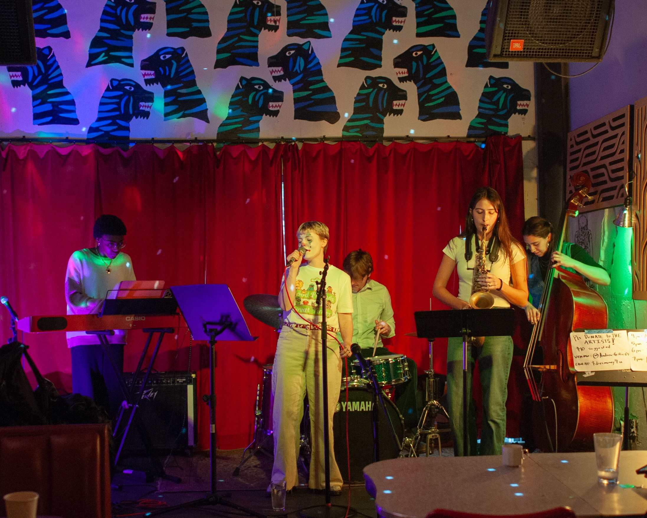 Group of four musicians performing on stage with red curtain, colorful lighting, and a backdrop of stylized animal images.