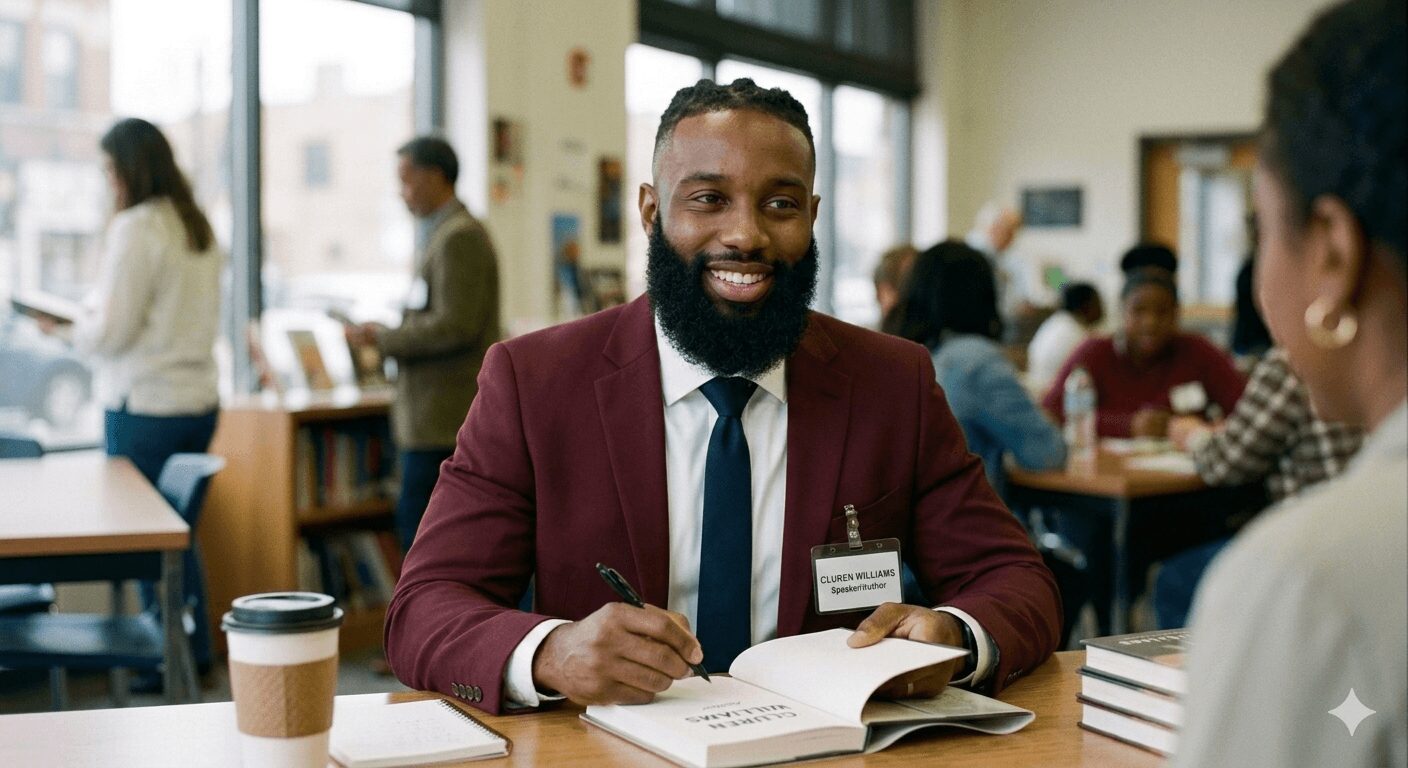 Man with a beard in a suit and name tag smiling while talking to a woman in a library or study area.