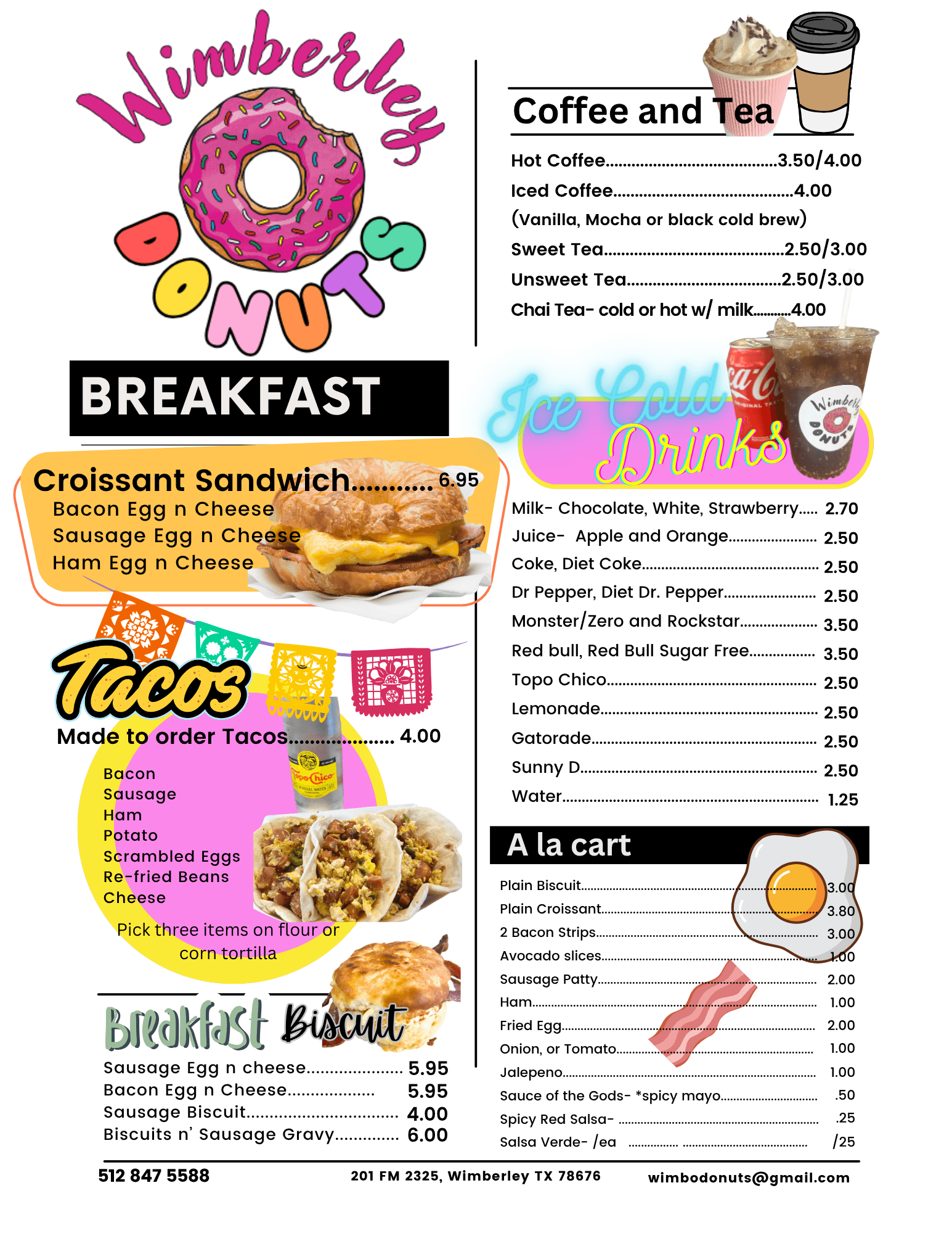 Colorful donut with pink icing and sprinkles, text 'Wimberly's Munchies', breakfast menu with coffee, tea, breakfast items, tacos, and a cart.