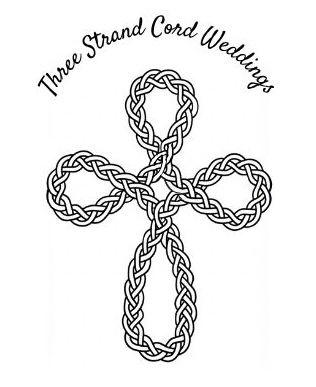 Celtic-style cross made of intertwined cords with text above reading 'Three Strand Cord Weddings'.