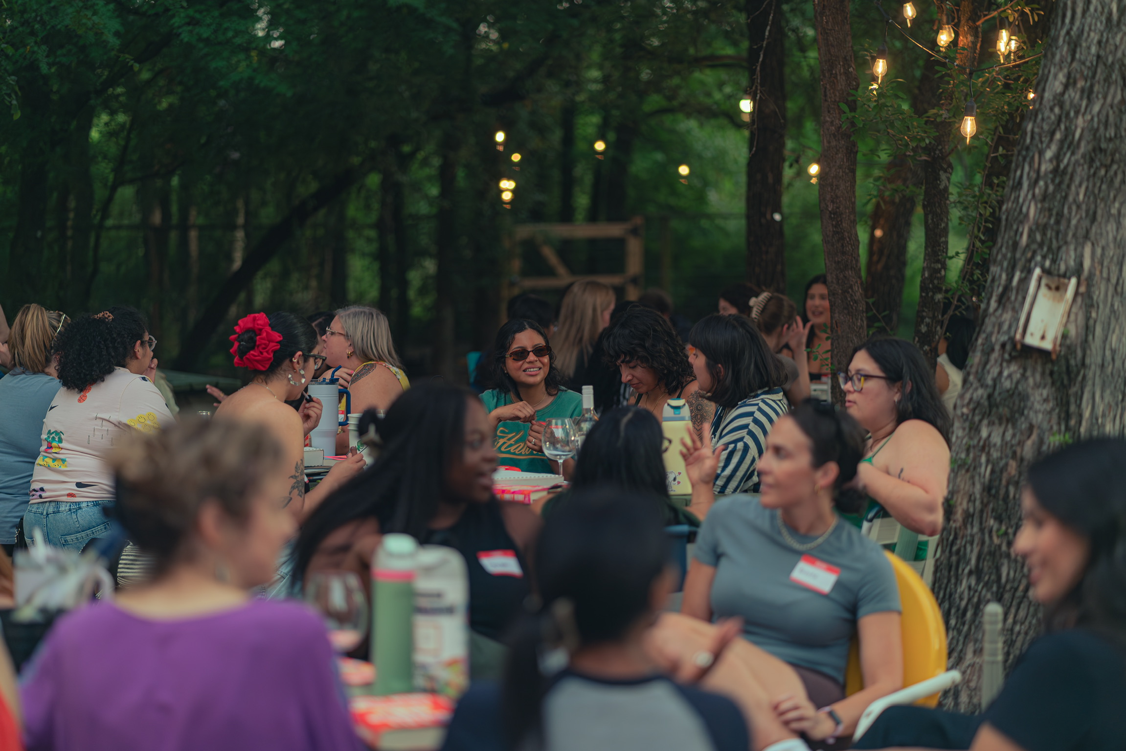 Group of people sitting outdoors at a gathering in a wooded area with string lights, talking and socializing.