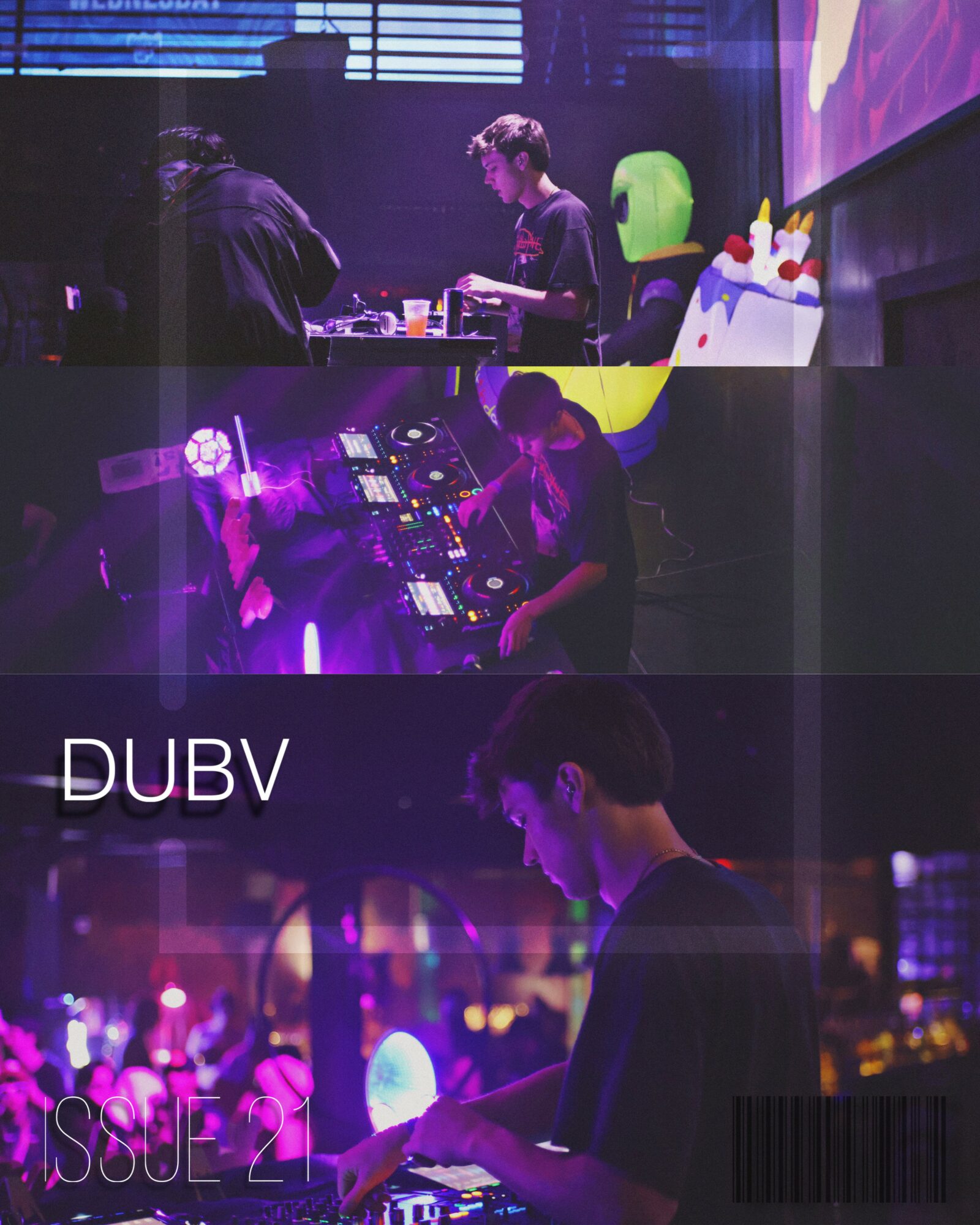 Three people at a DJ event with colorful lights, a cake, and city lights in the background.