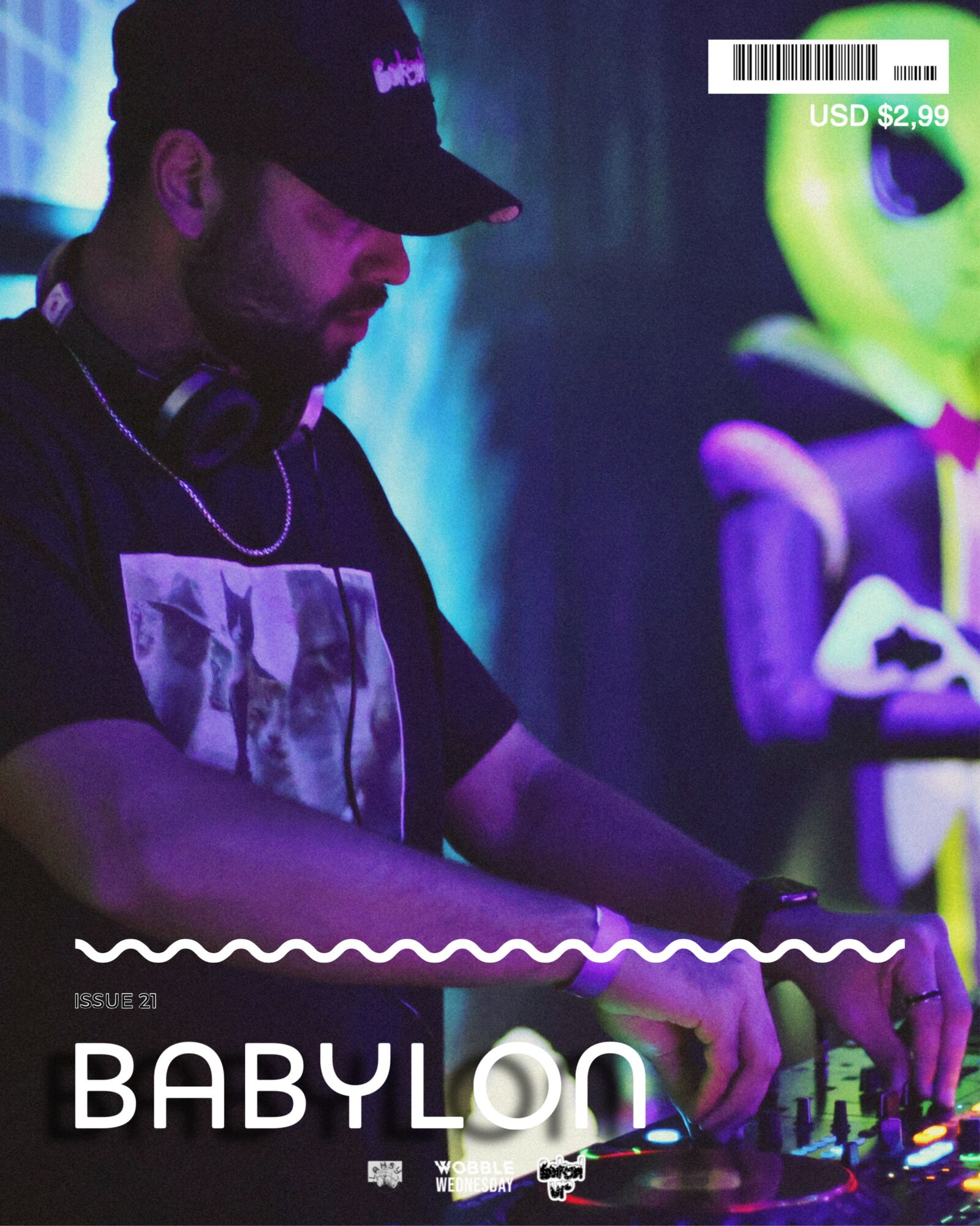 Person wearing a cap and headphones, operating DJ equipment with a colorful background.