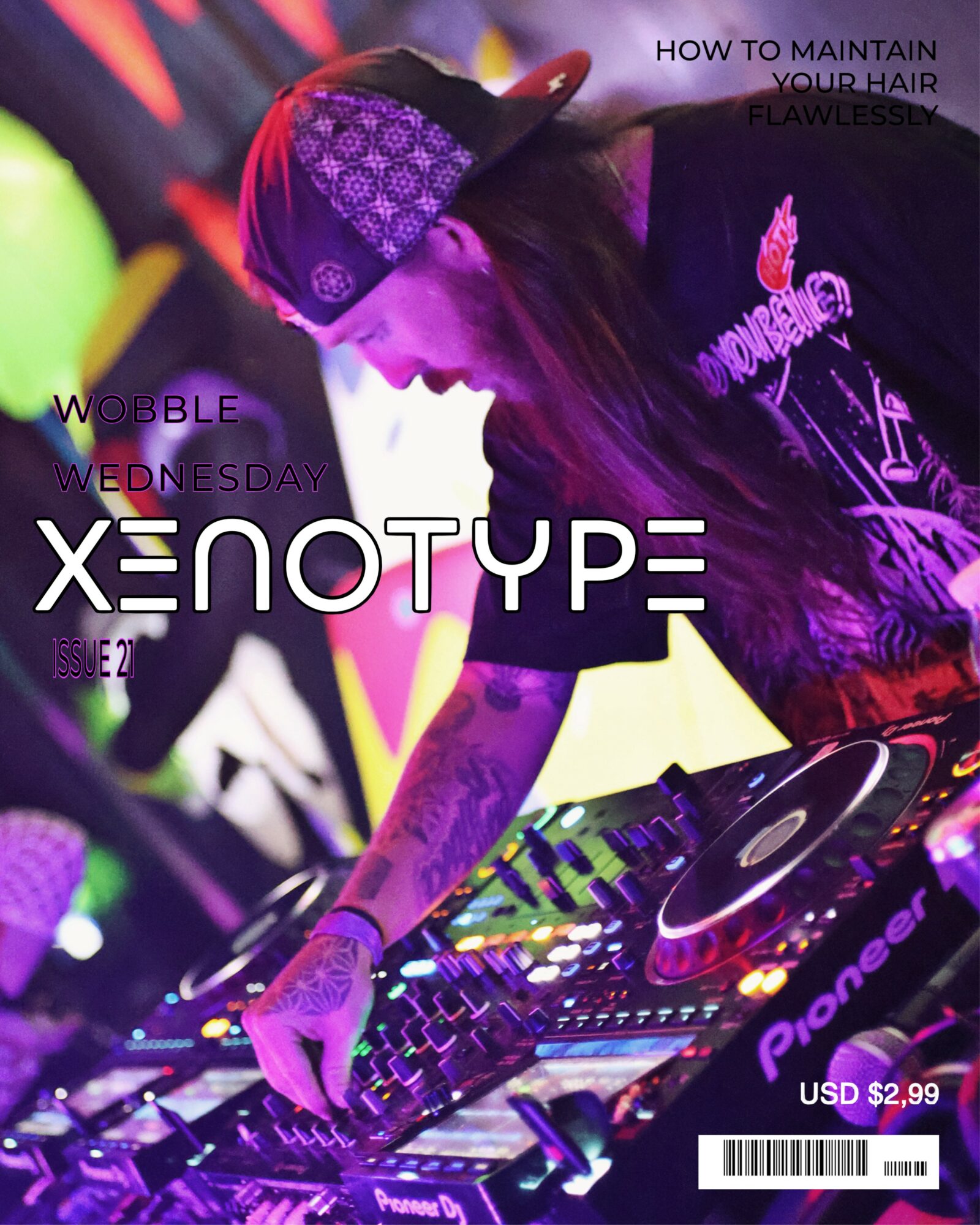 DJ wearing a cap and headphones, operating a Pioneer DJ controller at a colorful event, with text overlay about maintaining hair and a magazine title.