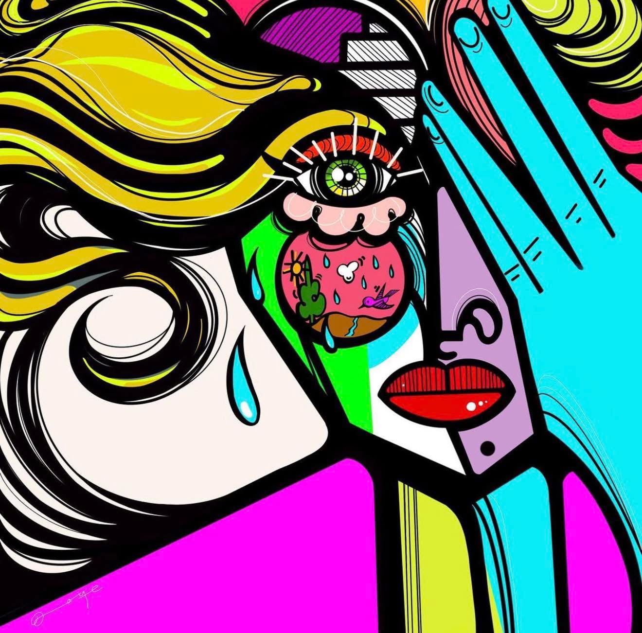 Colorful abstract illustration of a face with a large eye, lips, and a hand covering one eye, in a pop art style.