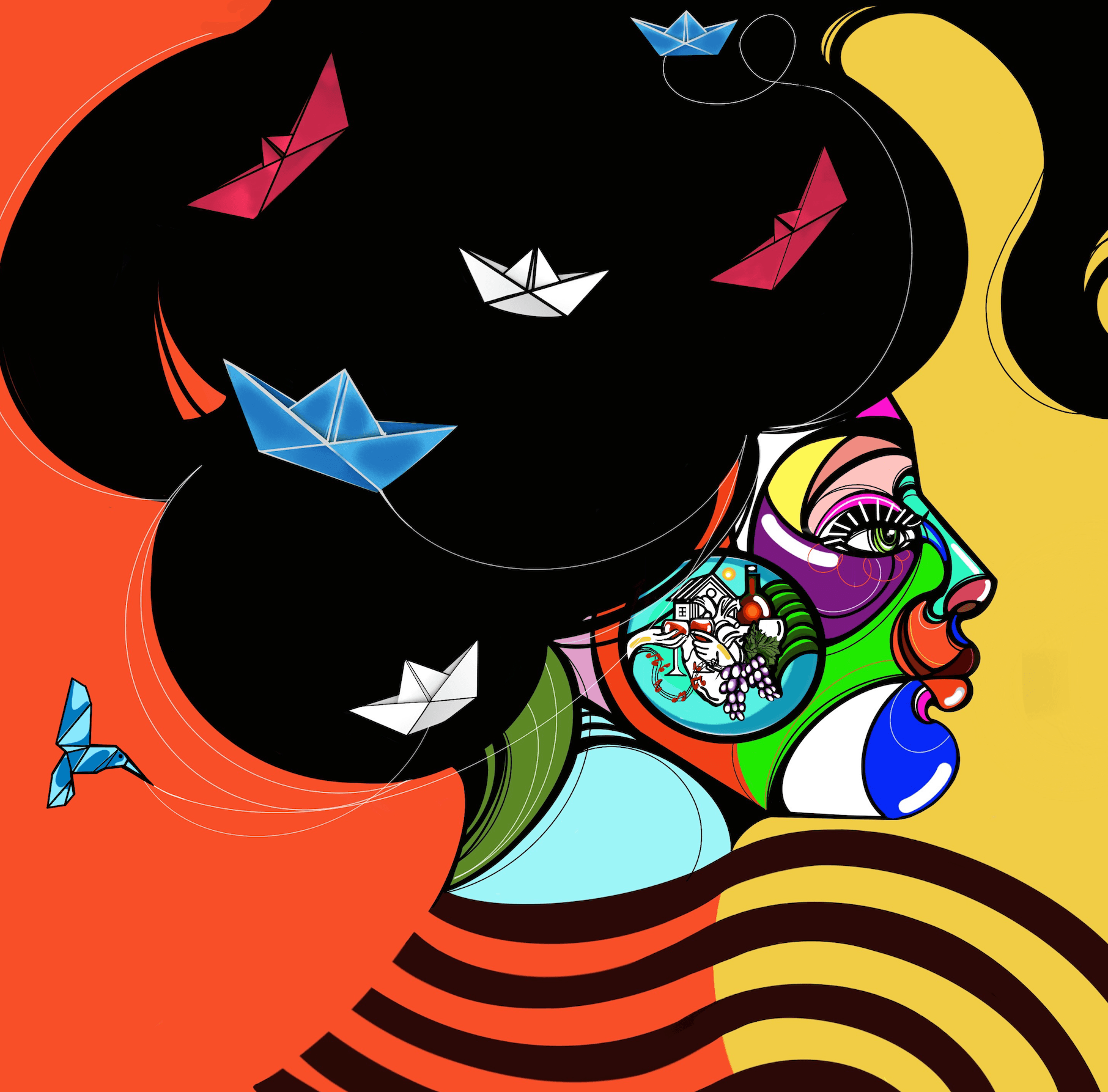 Colorful illustration of a woman's profile with abstract patterns and paper boats in her hair, against a vibrant background.